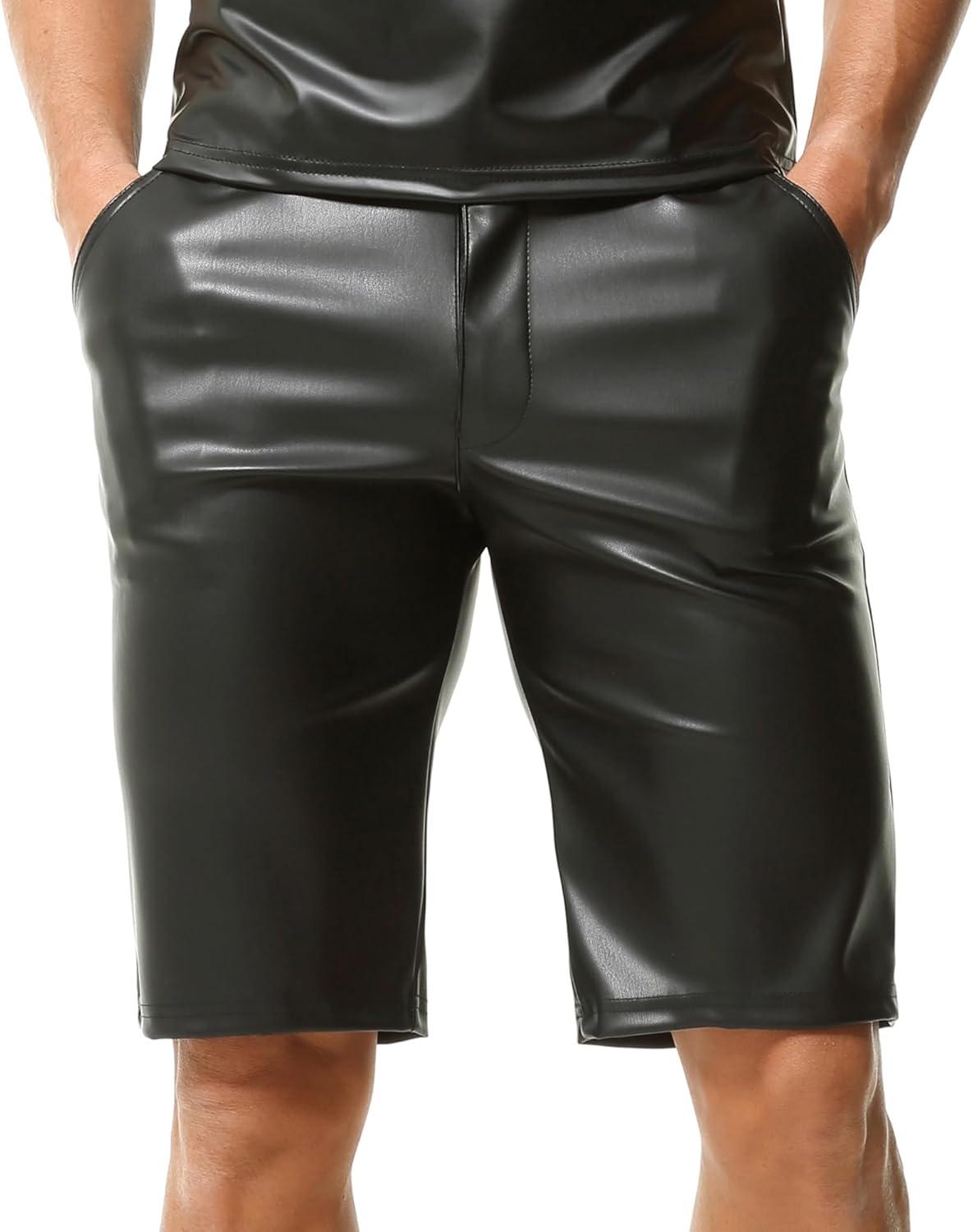 QiaTi Men's PU Leather Shorts Elastic Waist Casual Shorts Zipper Sexy Shorts with Pockets for Club Party