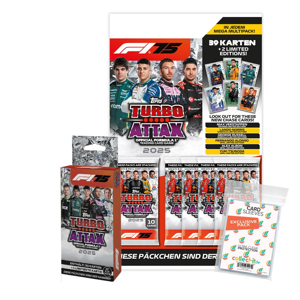 Paquete con topps - Turbo Attax Fórmula 1 2025 - Tarjetas de trading - 1 blíster + 1 Multipack + Fundas exclusivas Collect-it