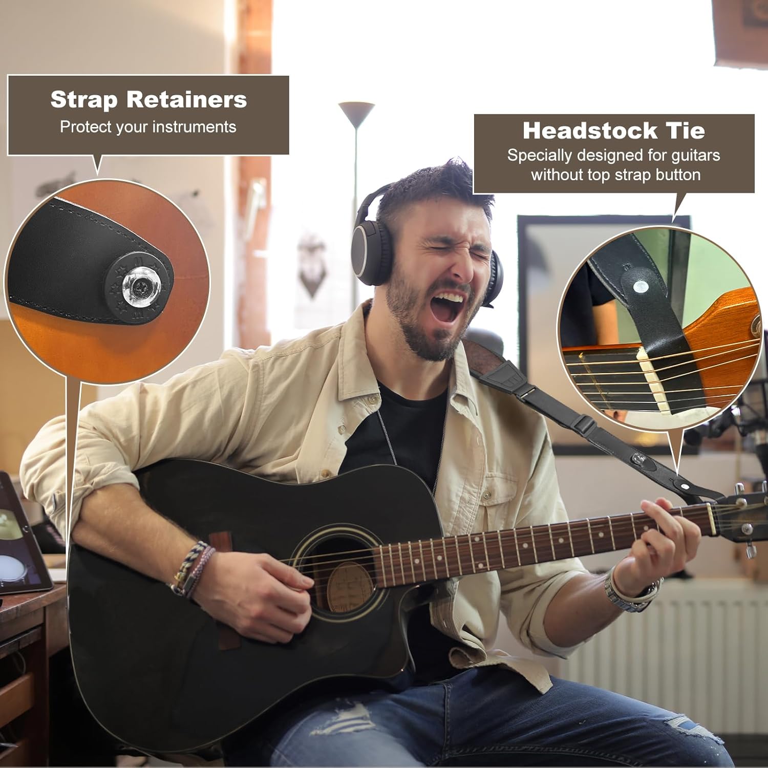 Guitar Bass Strap, Embroidered Electric Guitar Strap, Double Adjustable Buckle, Length Adjustable from 49" to 63", Equipped with 3" 3D Foam Padding, Suitable for Taller Guitarists, Smooth Brown.