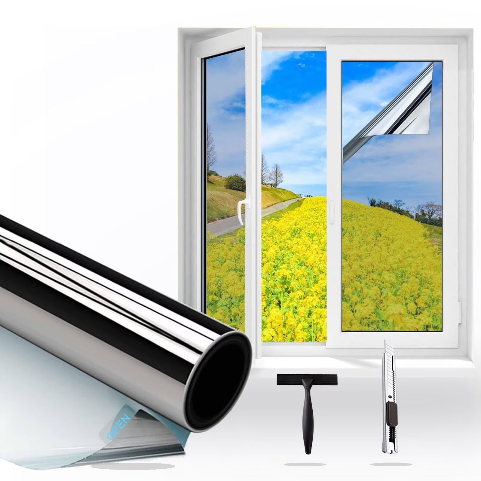 Gutsurge Spiegelfolie Fenster Sichtschutz 44.5x200cm Sonnenschutzfolie Fenster Innen & Außen Fensterfolie Sonnenschutz Einseitige UV Folie Fenster Hitzeschutz ideal für Wohnzimmer und Büro, Silber