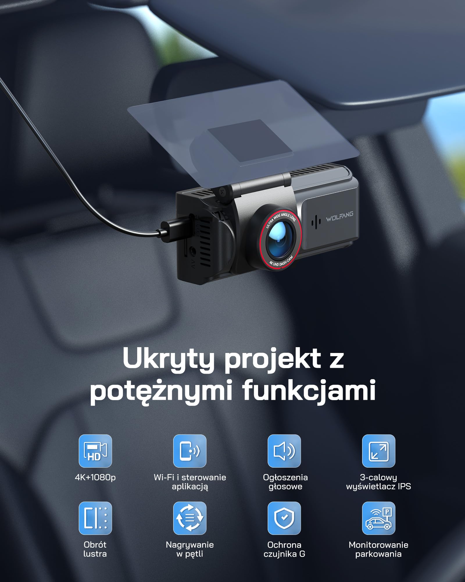 WOLFANG Kamera samochodowa 4K przednia i tylna WiFi Dashcam, podwójna kamera samochodowa z 7.0 cm IPS, super noktowizor, nagrywanie w pętli, czujnik G, szeroki kąt 170, ochrona parkowania