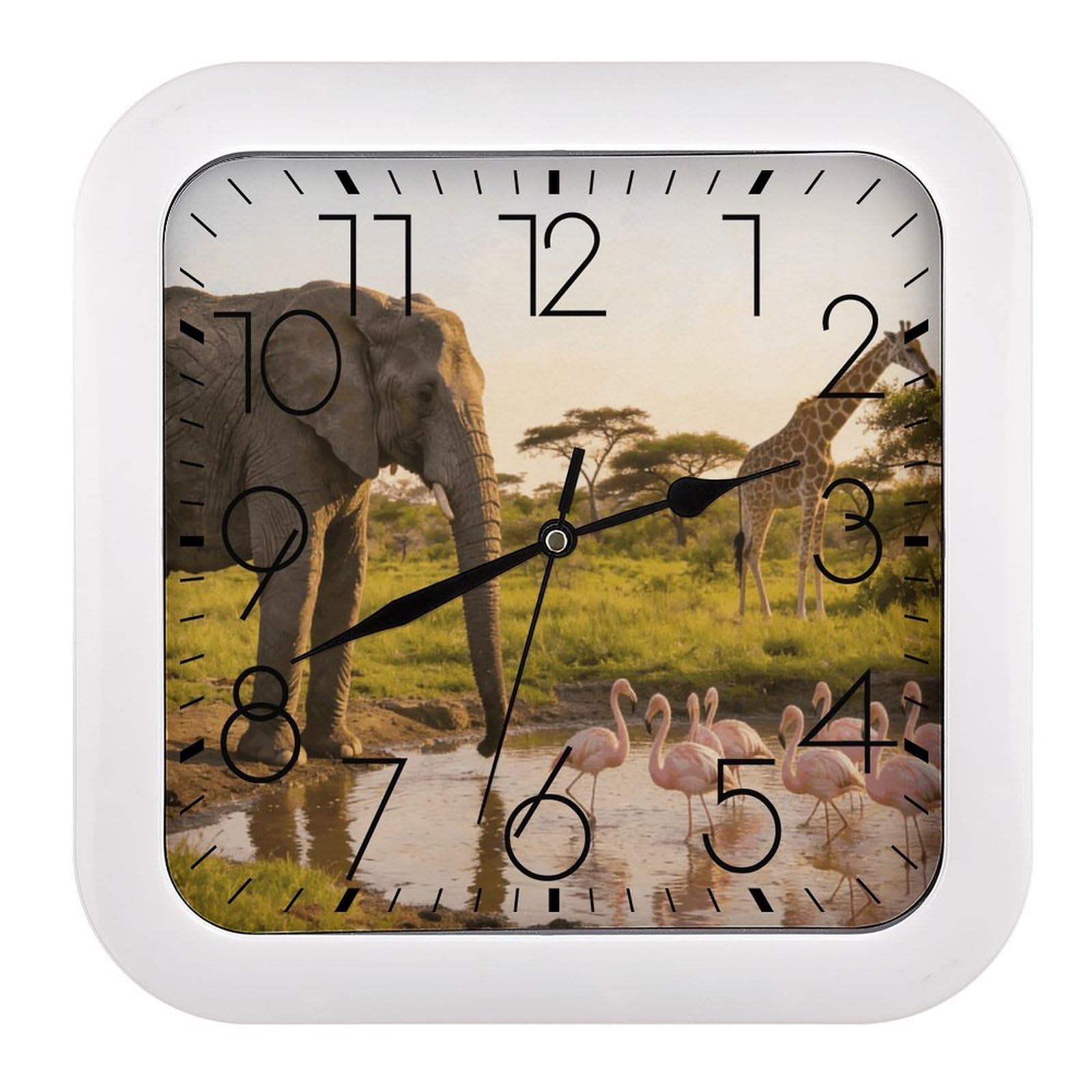 Fodpand Style Elephant, Flamingo, Giraffe Wall Clock,Battery Operated Modern Retro Rounded Square Clock Clock For Bedroom Living Room Office Home Gym Porch Decor Indoor Outdoor 10.2 * 10.2In
