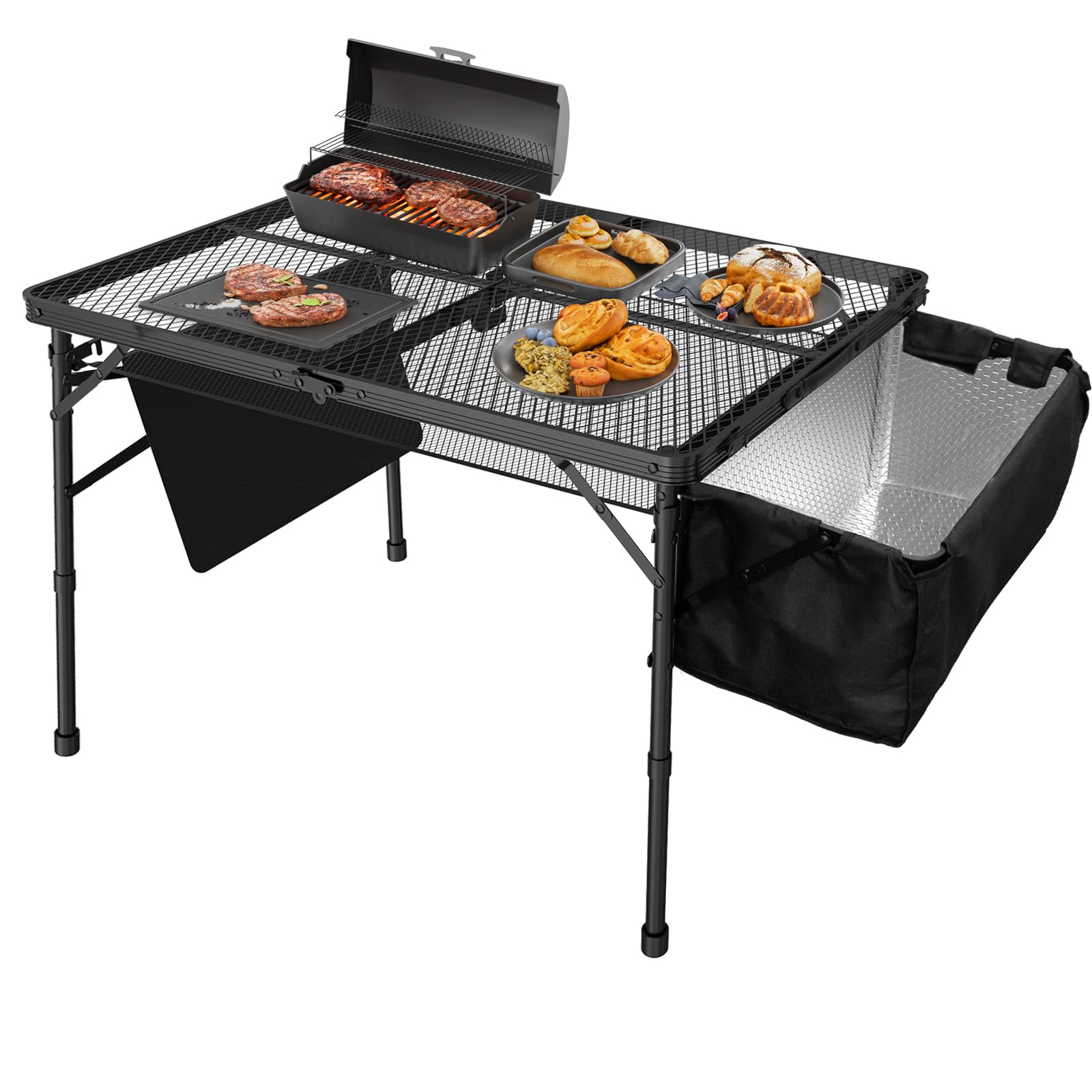 WildFinder Portable Folding Grill Table with Sink for Outdoor, Lightweight Aluminum Frame Folding Grill Stand Picnic Table Camping Cooking BBQ, RV Picnic,2 Heights Adjustable(Black)