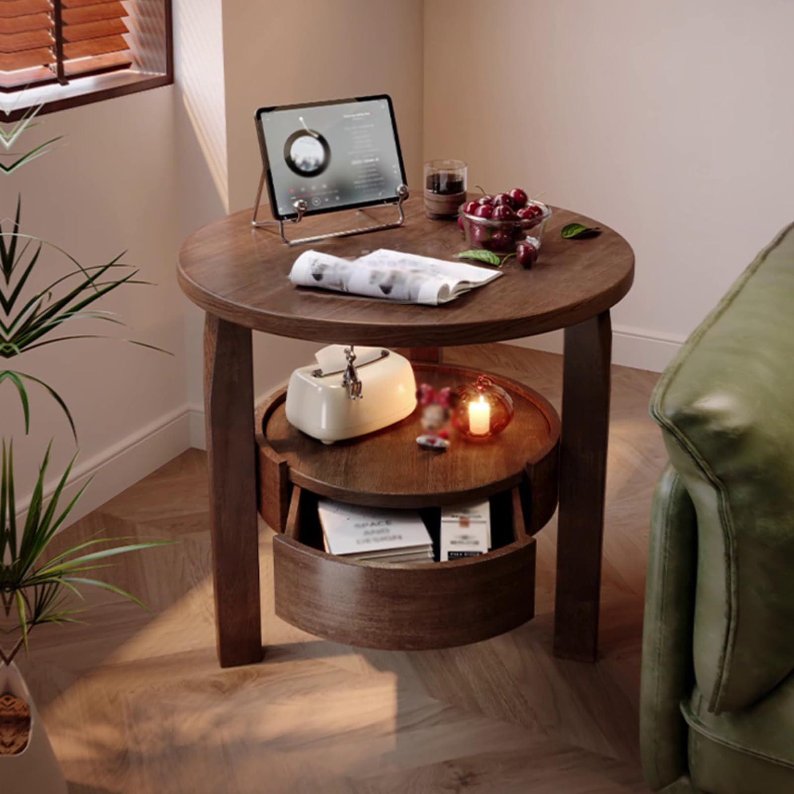 Table de chevet en bois massif naturel pour une chambre parentale cosy