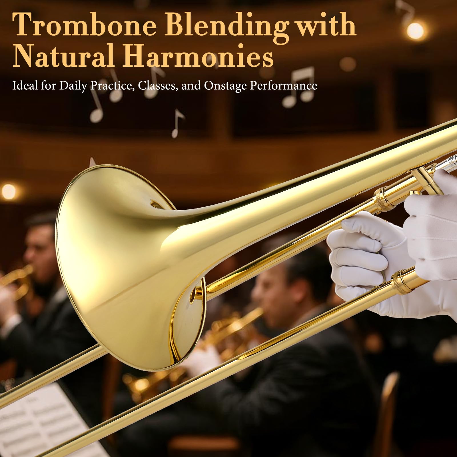 Ktaxon B Flat Tenor Trombone with Mouthpiece, Brass Slide Bb Trombones for Beginners, Portable Instrument Includes Cleaning Cloth, Gloves and Trombone Case (Golden)