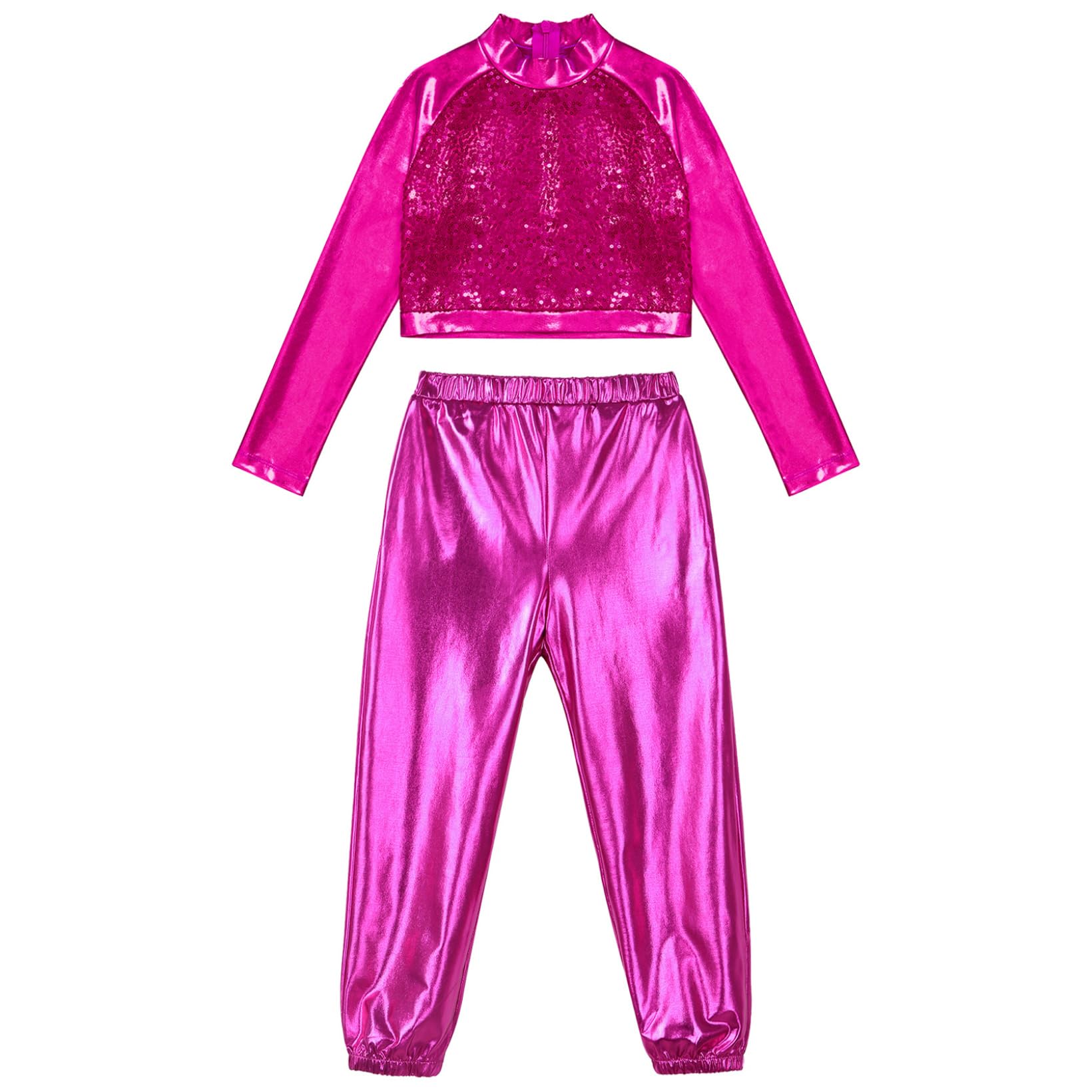 JanJean Kids Girls 2Pcs Dance Tracksuit Shiny Metallic Crop Top with Athletic Sweatpants Jazz Hip Hop Jazz Dance Costume Hot Pink 8 Years