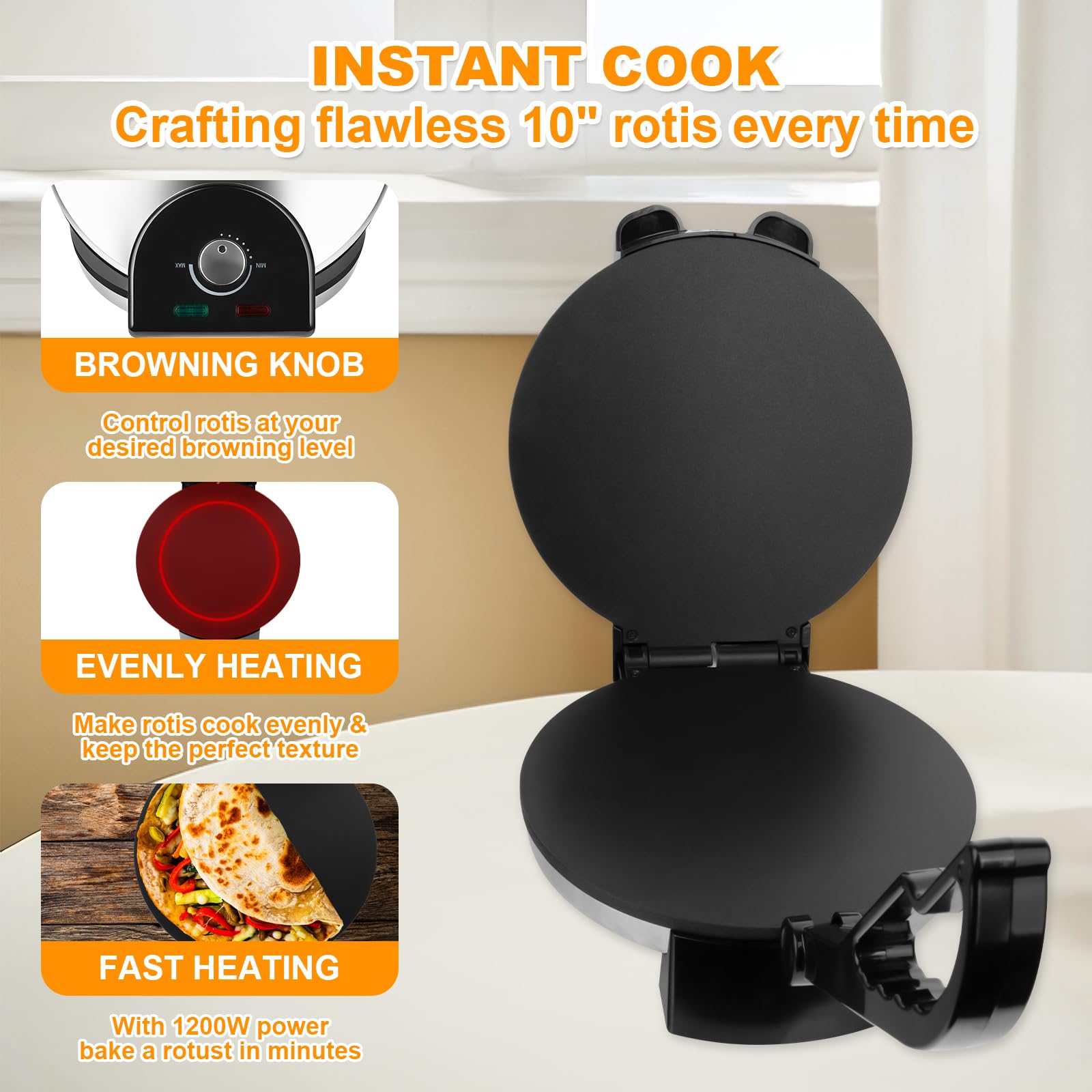 1200W 25,4 cm Roti-Maker von mit kostenlosem Roti-Wärmer – Indischen Chapati, Tacos, Tortilla, Roti AC220-240V 50/60Hz, EU-Stecker, Silvery