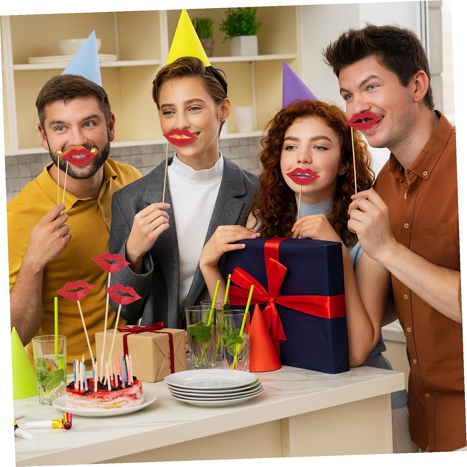 VICASKY 20pcs Party Lip Photo Booth Props with Sticks Funny Red Lips Selfie Decorative Supplies for Wedding Birthday Engagement Graduation and Themed Celebrations
