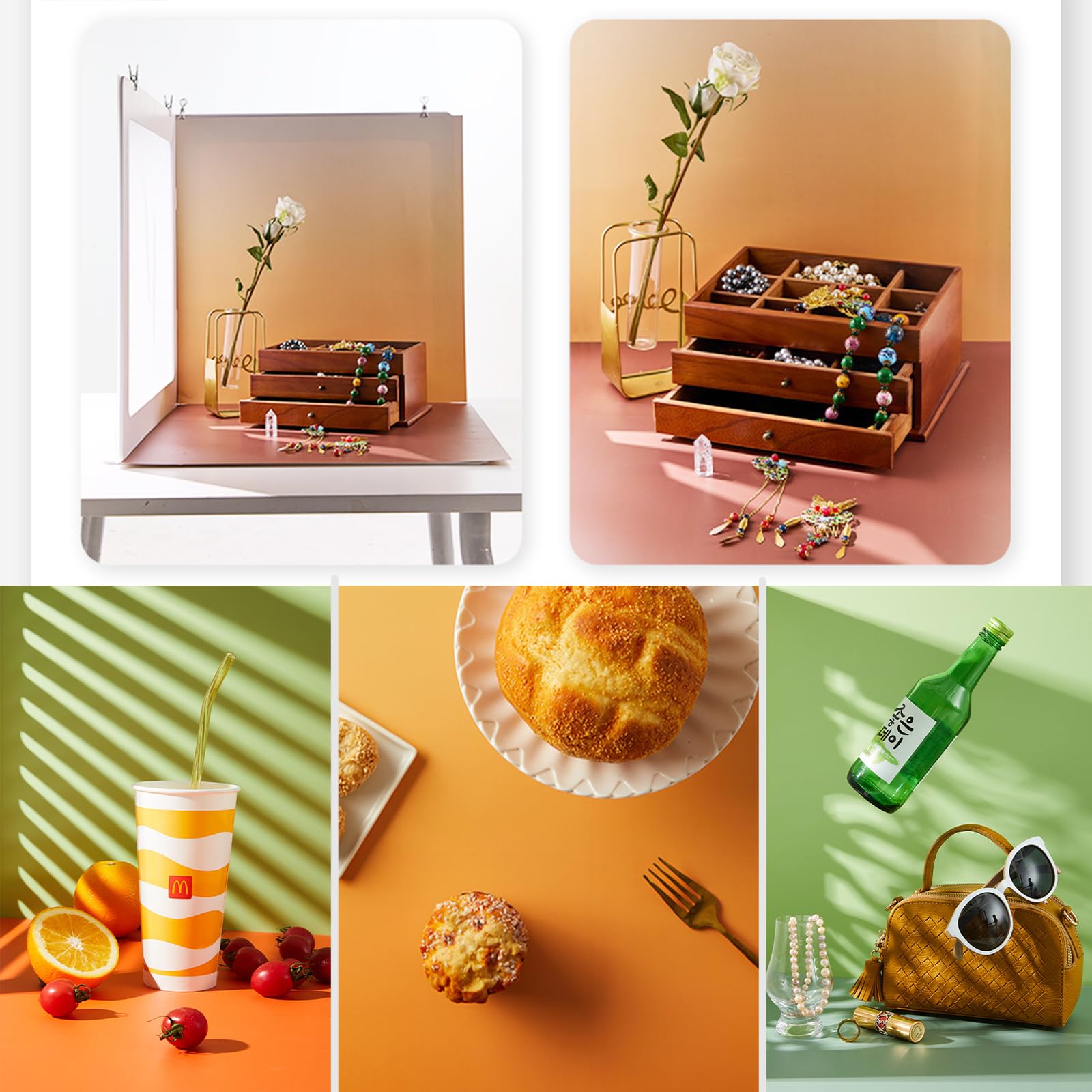 Kit di fondali fotografici portatili dal design originale, 15 pezzi, 28 modelli, kit da tavolo per piccoli prodotti – puntelli piatti per gioielli e cosmetici