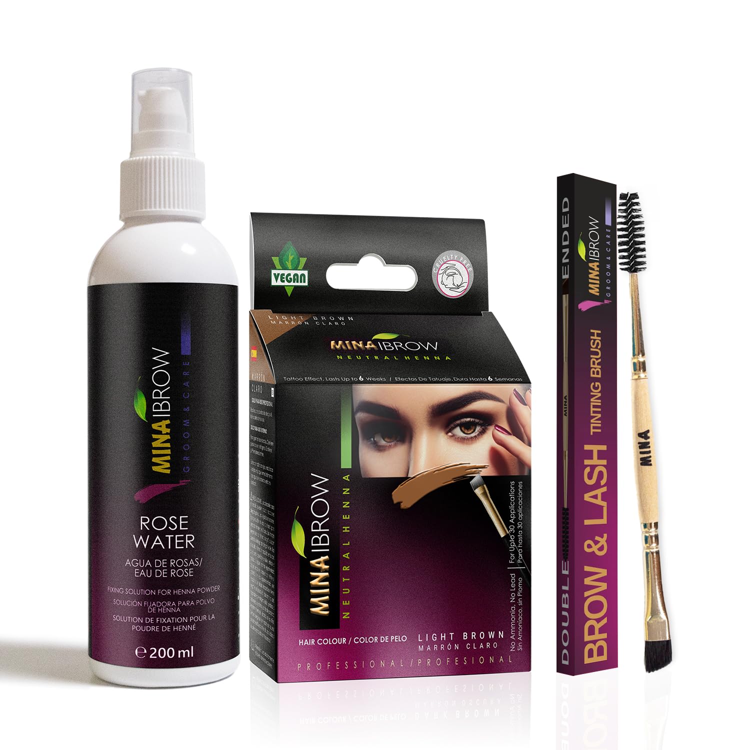 MinaiBrow Instant Hair Dye Kit Light Brown | 100% Grey Coverage Upto 30 Applications, Natural Spot Coloring Tinting Powder with Rose Water & Duo Angled Brush, Water & Smudge Proof