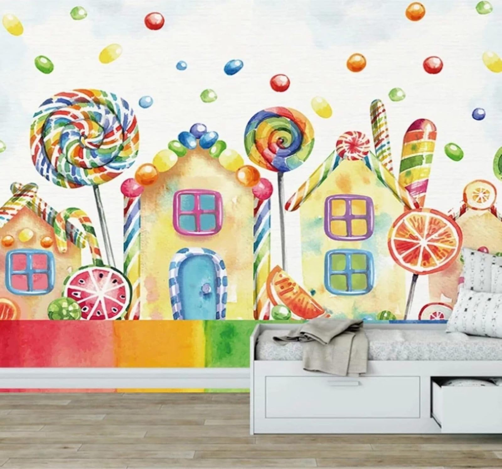 Hand Drawn Cartoon Sweets Houses Lollipops 3D Wallpaper Easy Install Feature Office Living Room Sofa Bedroom TV Background Wall Decoration-200cm×140cm