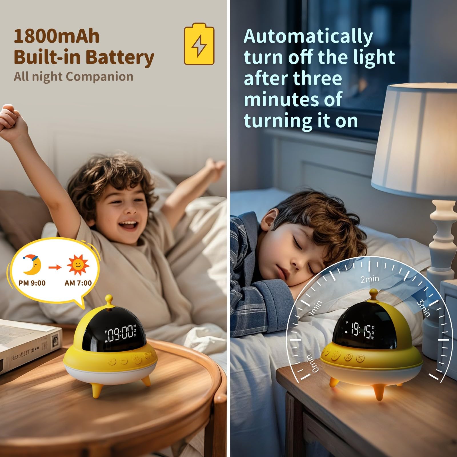 BEAVERLAB Wecker Kinder Mädchen, UFO Kinderwecker für mädchen kinder wecker, tageslichtwecker mit 7 Farben LED Nachtlicht, 15 Tage Akku, 0dB Leiser Wecker für Schlafzimmer, USB Nachttischlampe