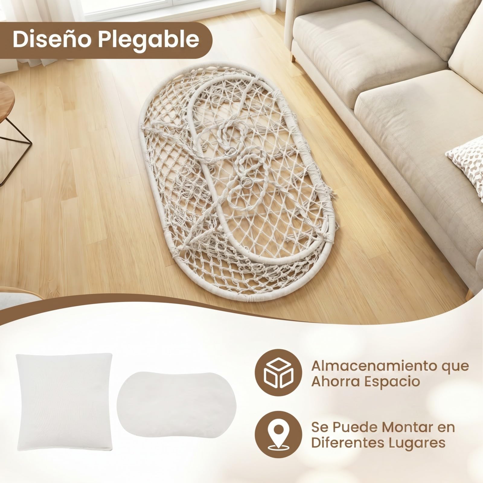 COSTWAY Silla Hamaca Colgante, Columpio de 2 Plazas con Flecos, Cojines y Estructura Metálica, Asiento Doble de Estilo Bohemio, Uso Interior Exterior para Patio Balcón Porche, Carga 250 kg, Beige