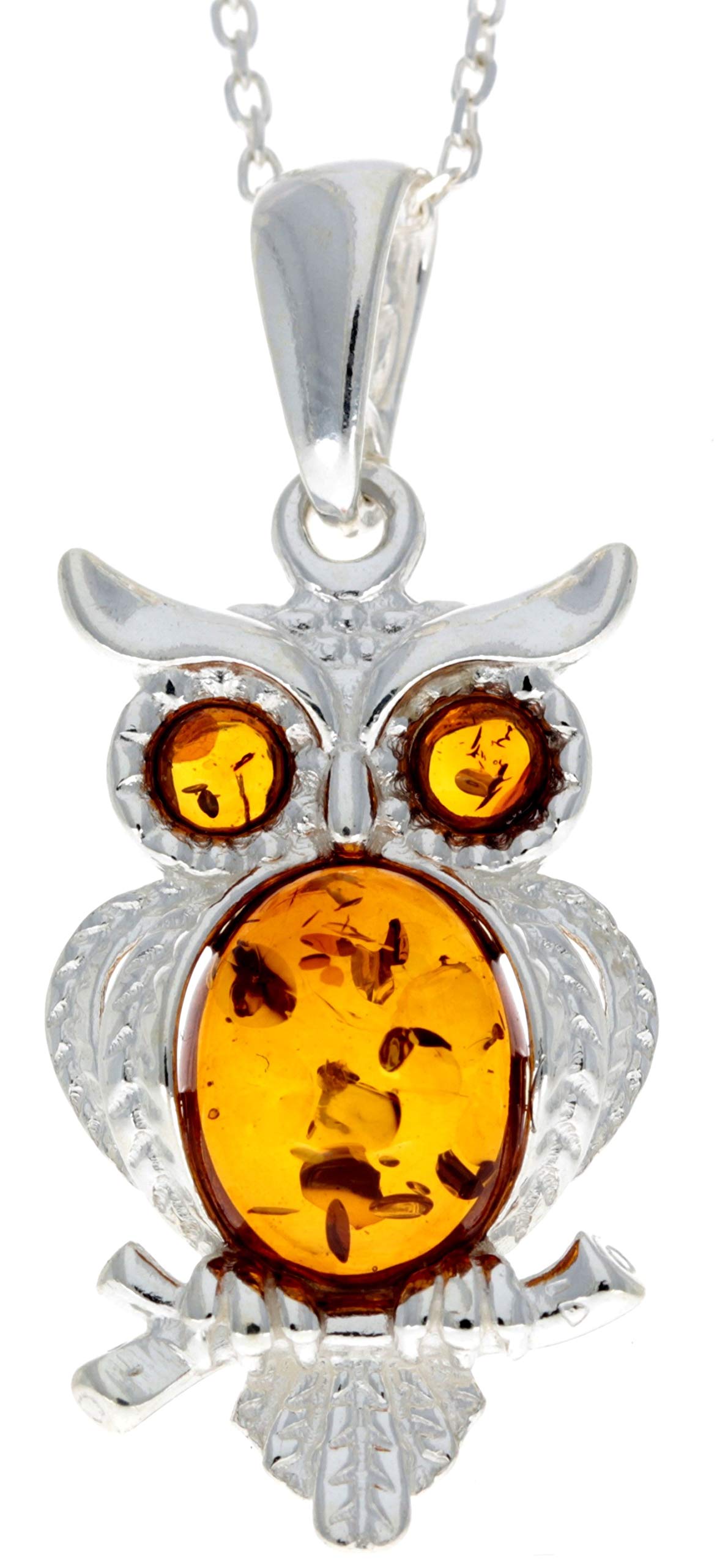 Noda GL359 - Ciondolo a forma di gufo, in vera ambra baltica e argento Sterling, senza catenina, Pietra Argento sterling Resina, Ambra