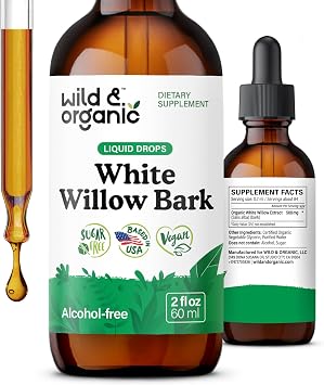 Wild & Organic White Willow Bark Extract Liquid Drops for Legs - 2 fl oz | Antioxidant Support - 500 mg White Willow Bark Herb Tincture - Add to Tea - No Sugar & Alcohol-Free Supplement