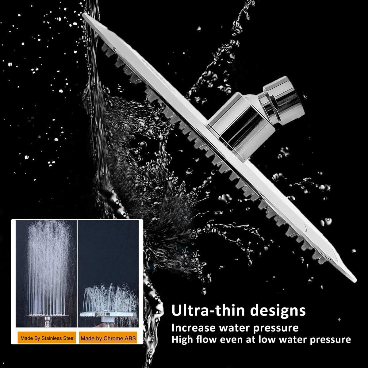 Shower Head, 12" High Pressure Round Rainfall Shower Head with 11 Inch Extension Arm, 6+2 mode Handheld Showerhead with Holder/Hose, Built-in Power Wash, Chrome