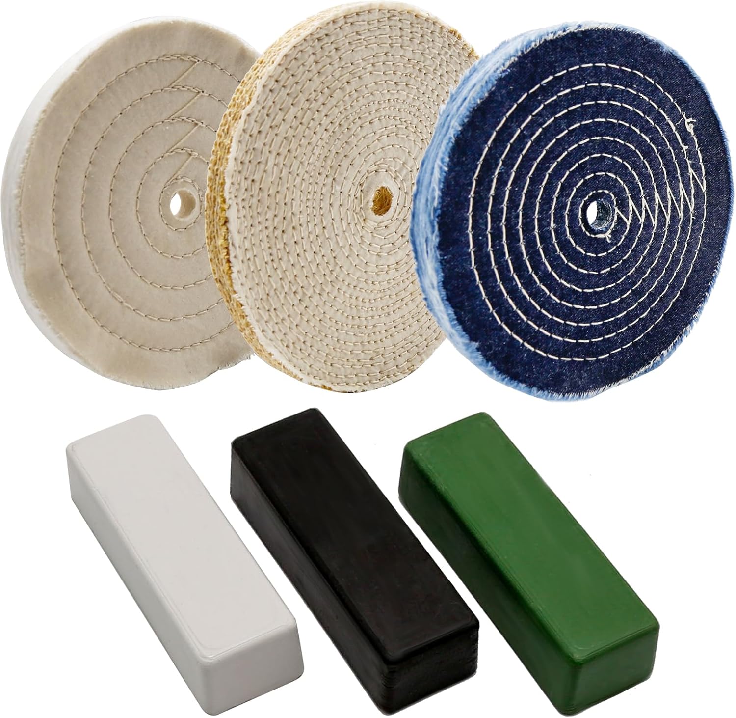 6PC 8" Stainless Steel Polishing Buffing Wheel Kit for Bench Grinder kit, 3 x 5/8" Wheel + 3 x Polishing Compound 100g