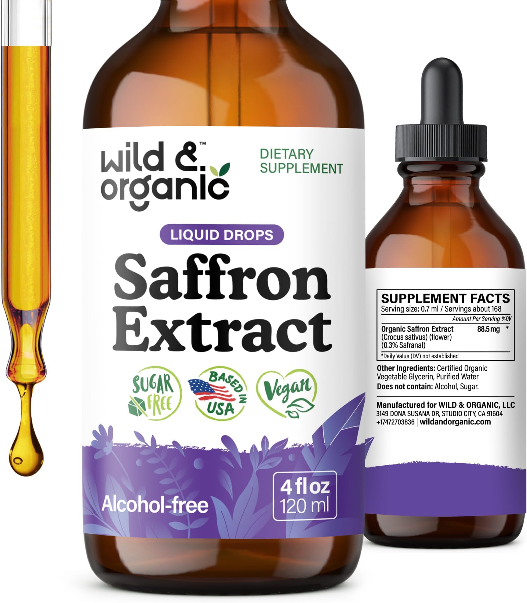 Wild & Organic Saffron Supplements 88.5 mg - Mood, Focus & Eye Support - Saffron Extract Liquid Drops - Add to Tea - 5-Month Supply - Crocus Sativus Herb - Vegan, Sugar & Alcohol-Free Tincture - 4 oz