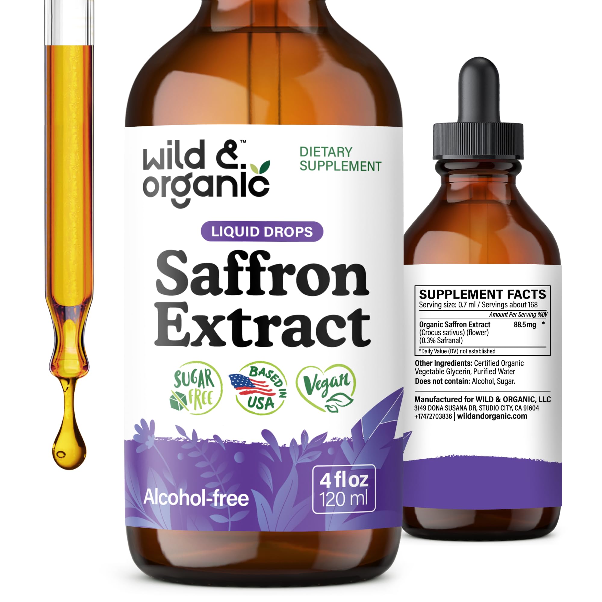 Wild & Organic Saffron Tincture - 88.5 mg Saffron Extract Drops for Mood, Focus, Eye Support - Crocus Sativus Liquid Extract - Vegan, Alcohol & Sugar-Free Supplement - 4 fl oz