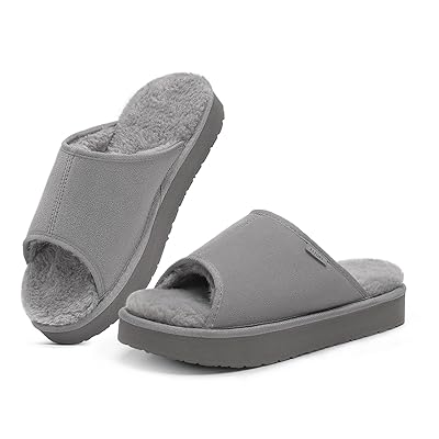 FITORY Womens Open Toe Slipper with Cozy Lining,Faux Rabbit Fur Cork Slide Sandals Size 6-11