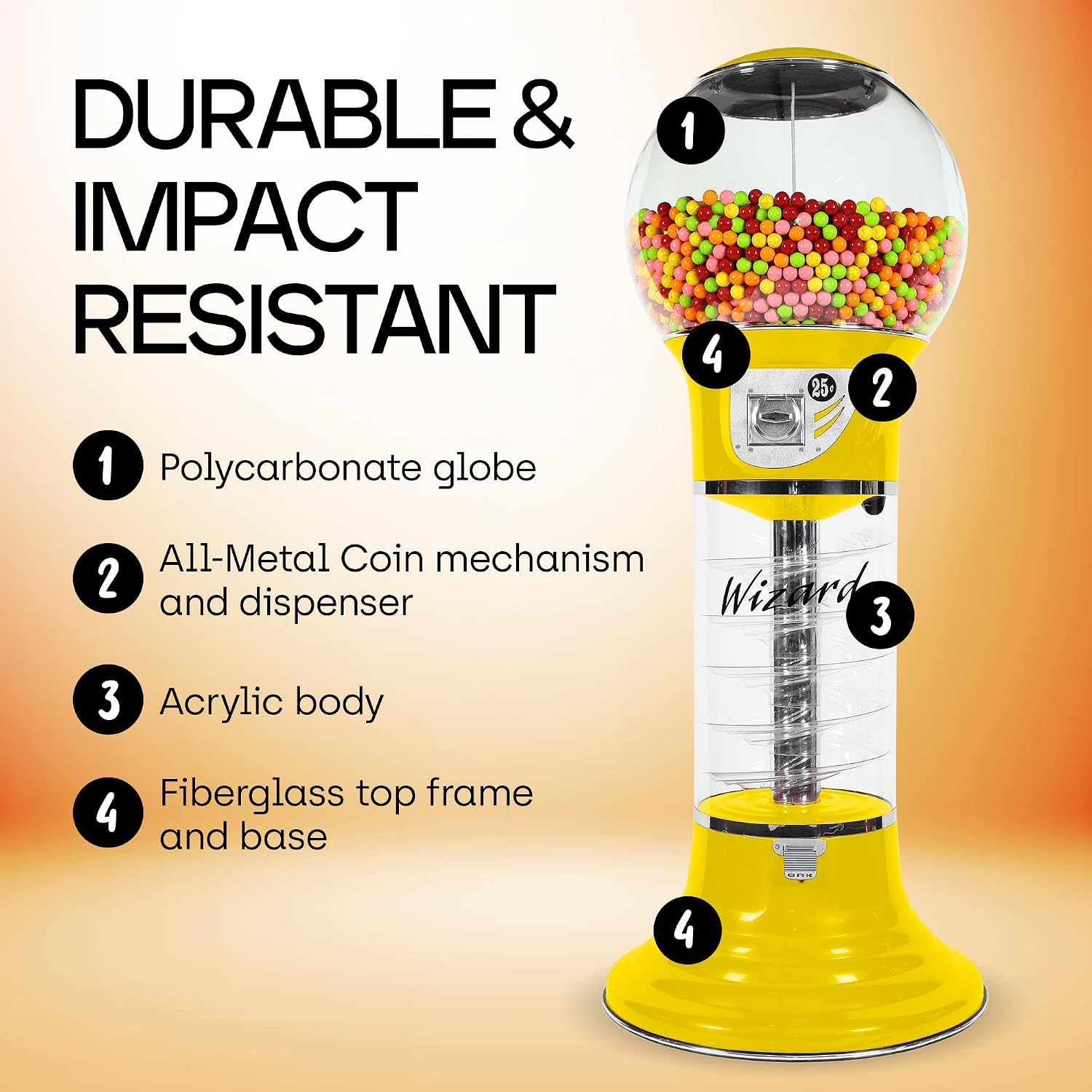 Giant Gumball Machine with Stand - Commercial Bubble Gum Machine 5`6" Spiral Gumball Vending Machines - Coin Mechanism $0.25 - Dispenses 1” Gumballs Bouncy Balls & Toys in Round Capsules - Yellow