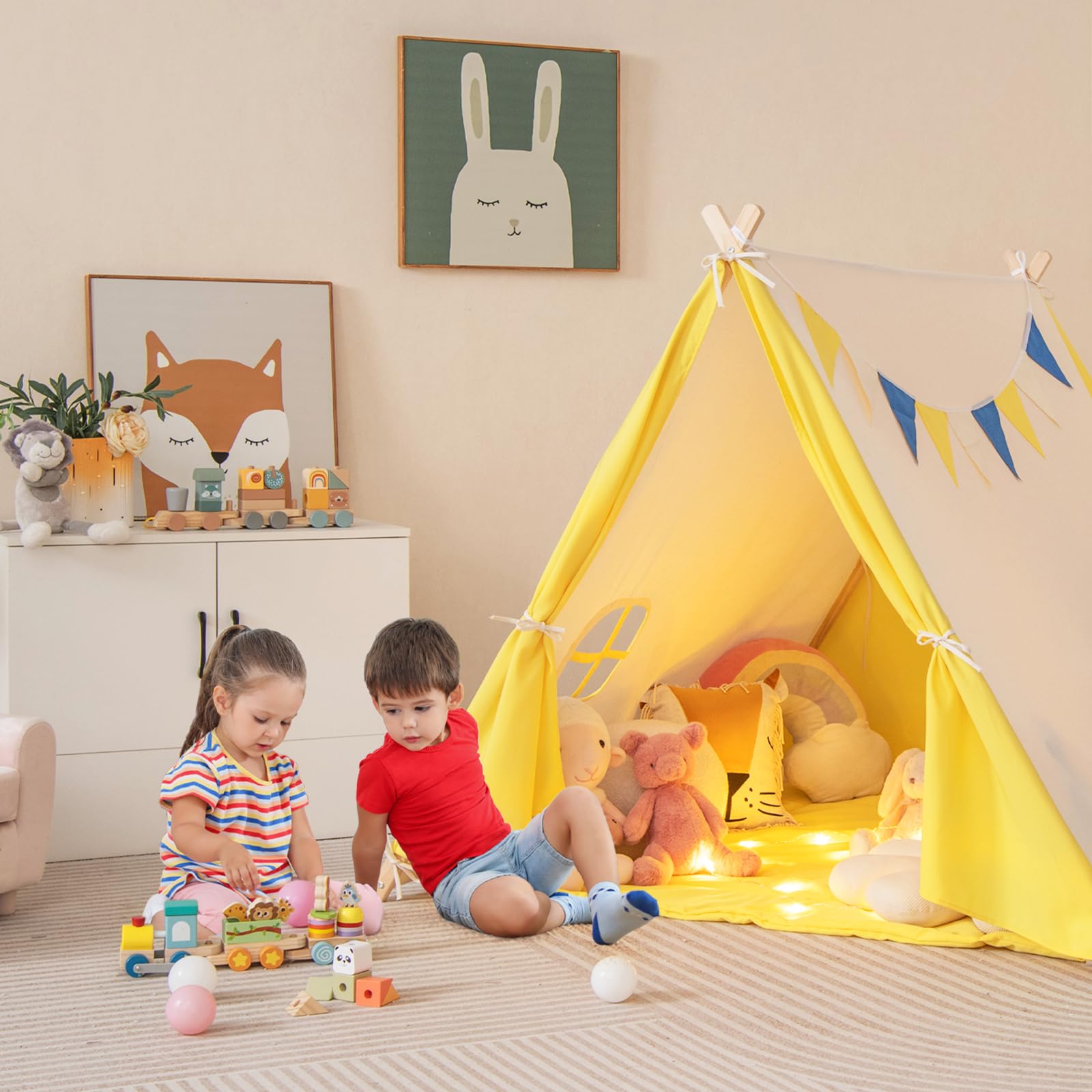 HONEY JOY Teepee Tent for Kids, Large Kids Play Tent w/Pine Wood Frame, Flags & Windows, Indoor Outdoor Playhouse Toddler Tent, 54