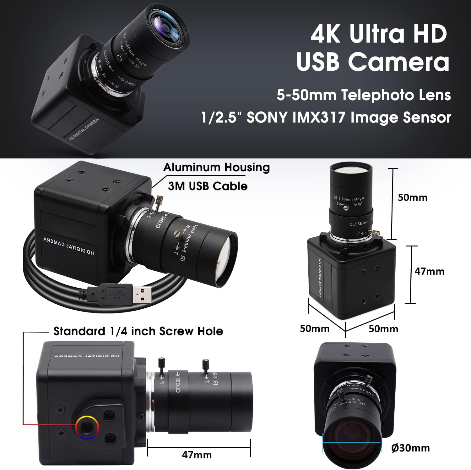 SVPRO 4K Ultra HD Webcam USB Digital Industrial Camera with CS Mount 5-50mm Telephoto Zoom Manual Lens UVC Free Drive,10X Optical Zoom Video Camera with Sony IMX317 Sensor