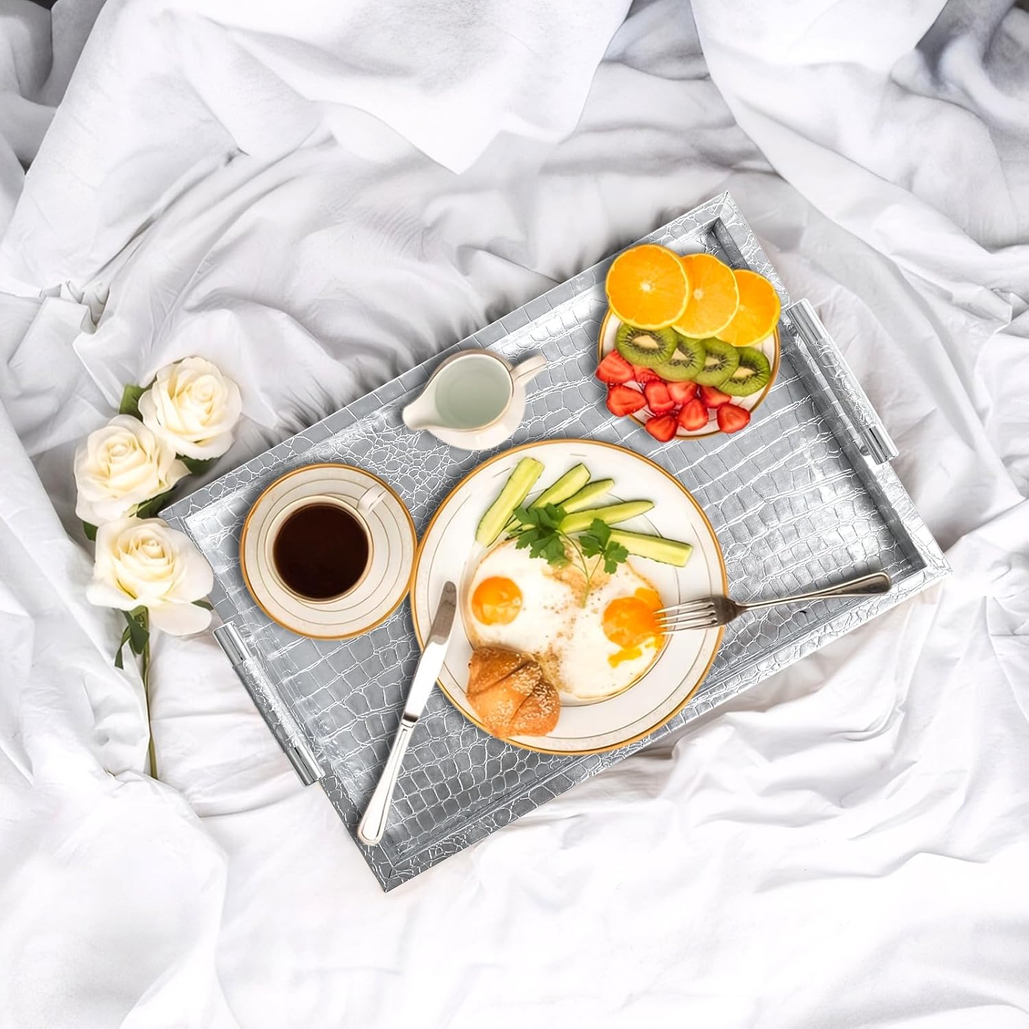 Faux Leather Rectangle Serving Tray with Handles, Large Decorative Tray for Ottoman Coffee Table Decor Living Room, Kitchen, Bathroom, 16x12inches (Silver) - Image 2