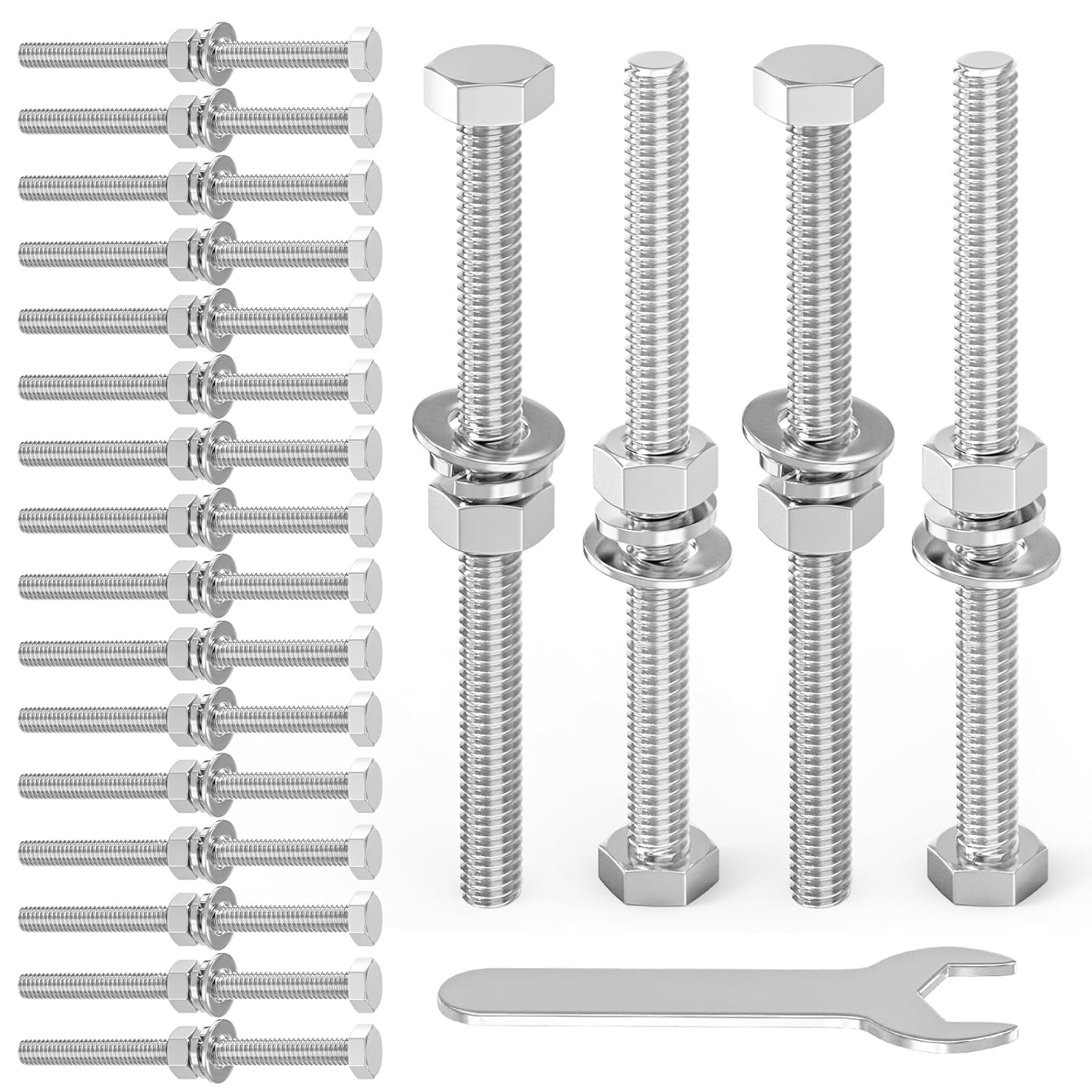 20PCS 5/16-18" x 5" 304 Stainless Steel Fully Threads Bolt, Hex Head Bolts with Nut Spacer and Spanner