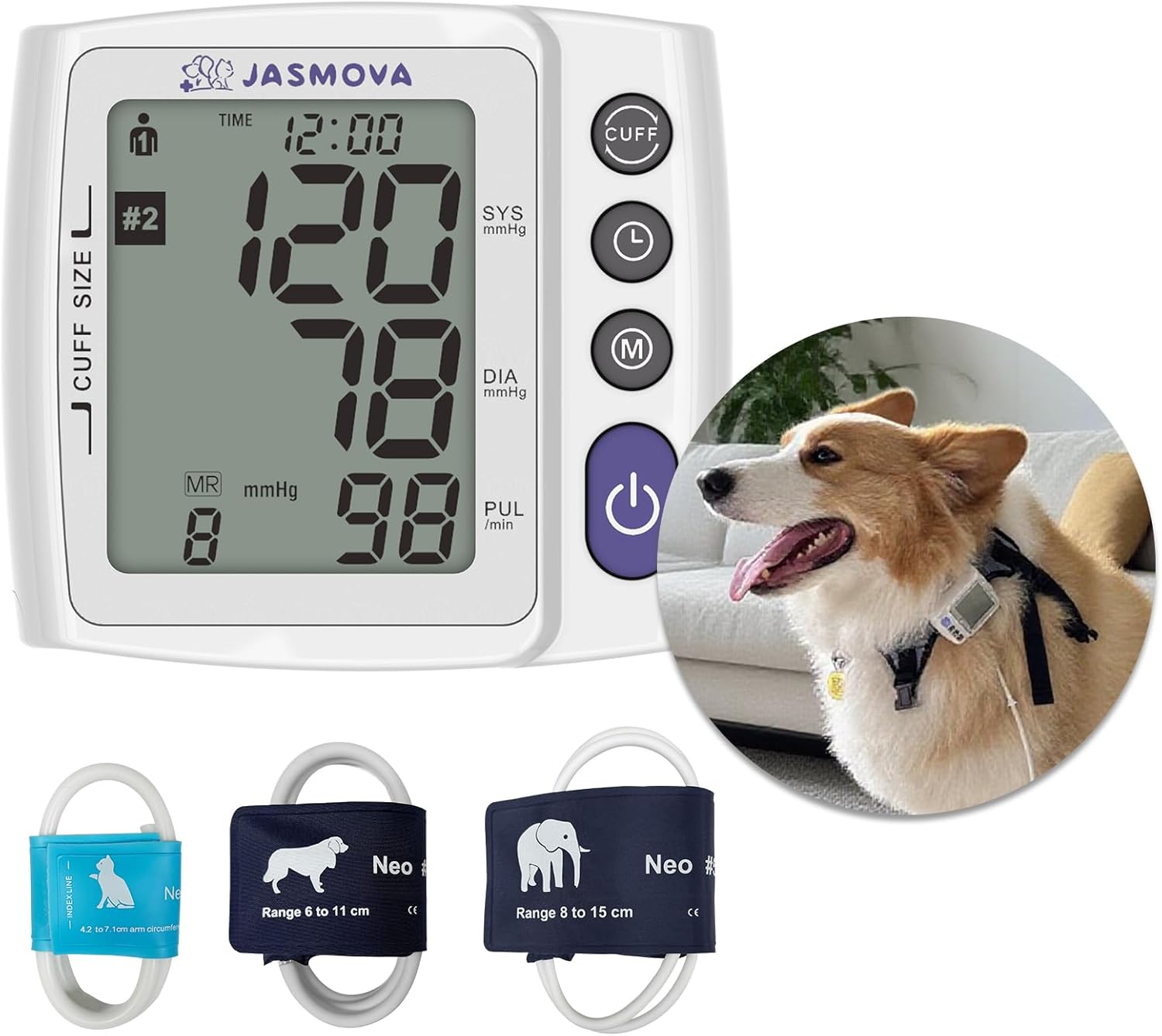 Wearable Pet Blood Pressure Monitor for Dogs & Cats, Oscillometric Home Monitoring Device with Adjustable Chest Strap, Multi-Size Cuffs, 240 Sets Memory for 2 Users, Large LCD Display