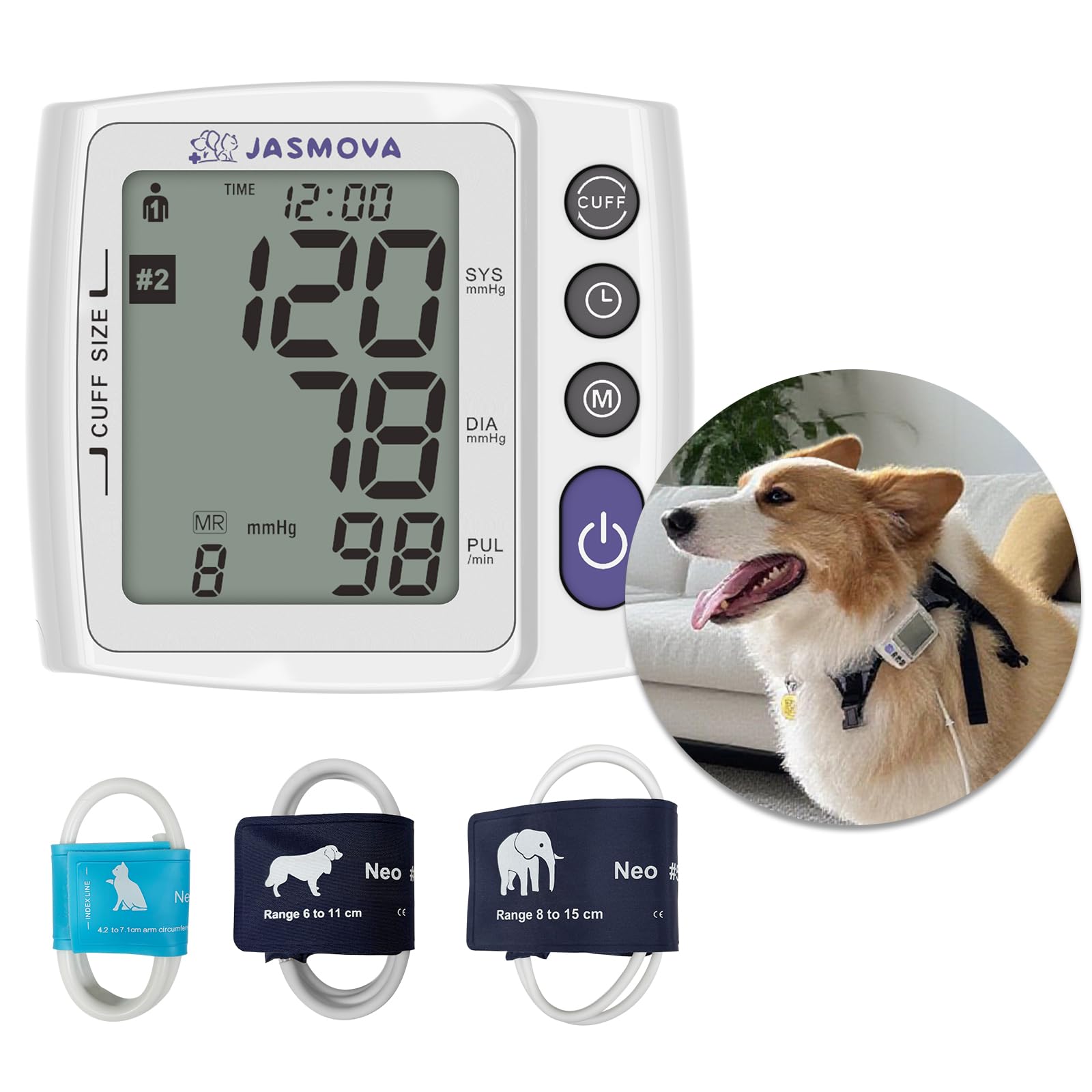 Monitor de presión arterial para mascotas portátil para perros y gatos, dispositivo oscilométrico de monitoreo del hogar con correa ajustable en el pecho, puños multitamaño, 240 juegos de memoria para