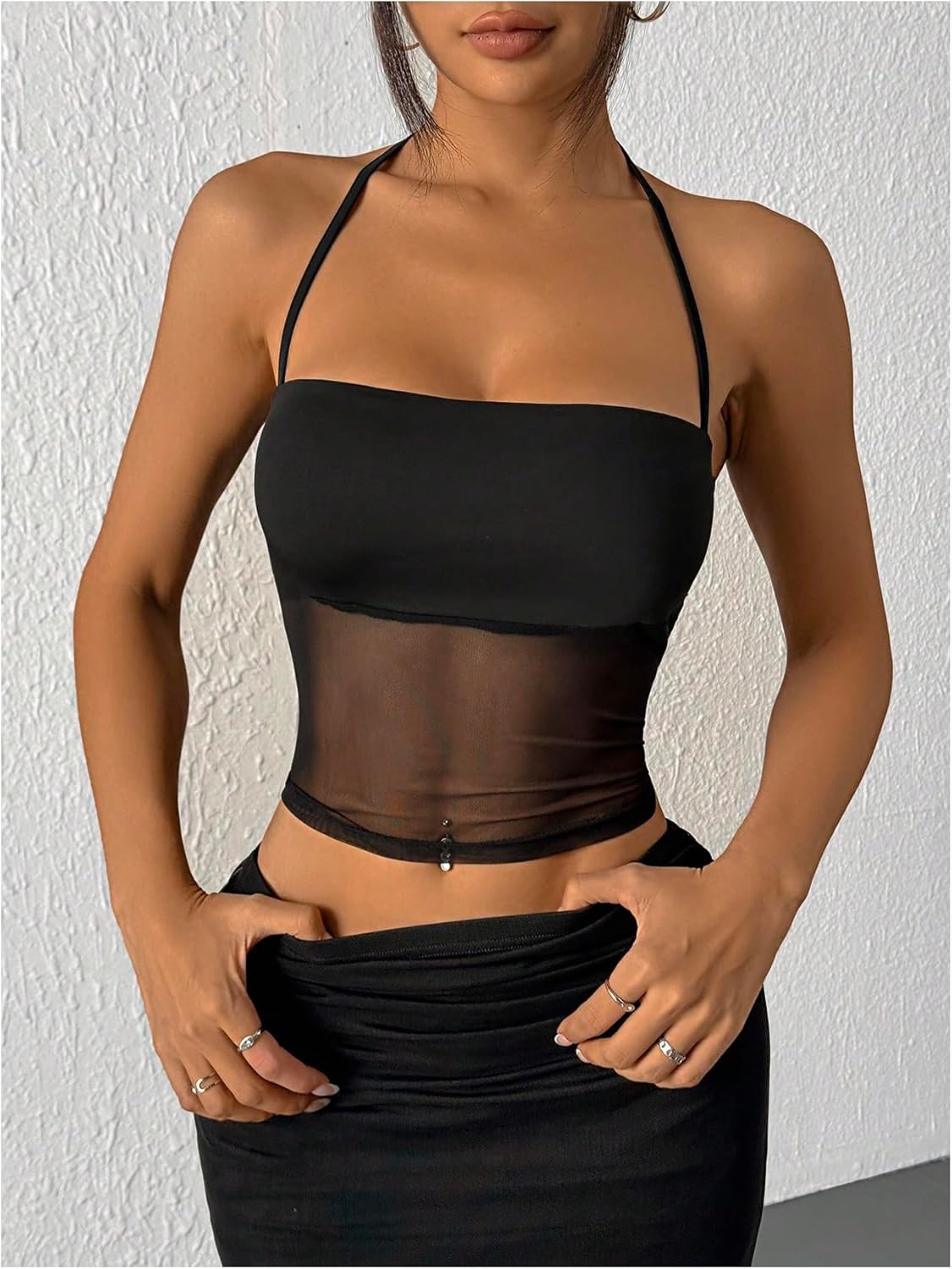 SOLY HUX Women's Mesh Halter Top Sleeveless Tie Backless Sheer Y2k Rave Party Crop Tops - Image 6