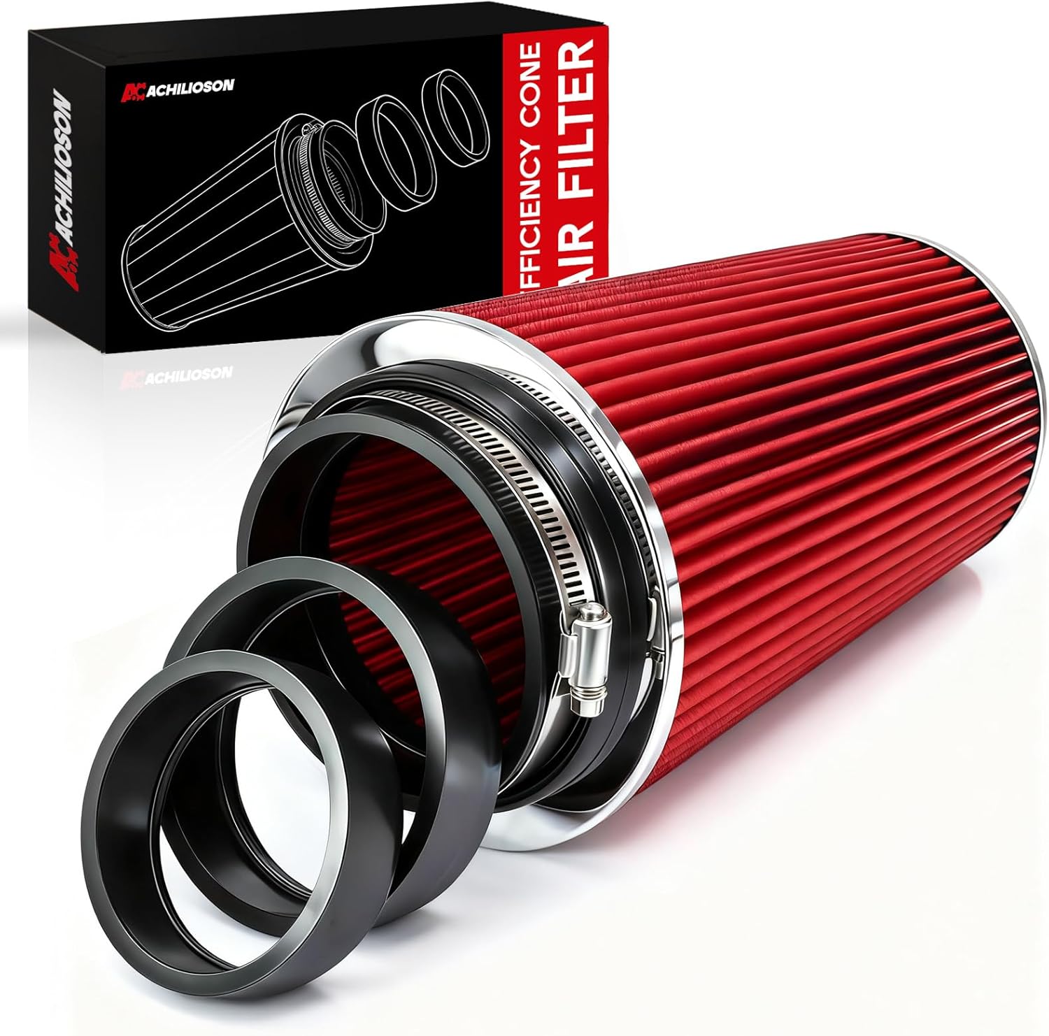 3/3.5/4 Inch High Efficiency Cone Air Filter,76mm 89mm 101mm Universal Clamp, Washable & Reusable Closed Top Cold Air Intake Filter for Sedans, Scooters, High-Speed Racing Vehicles(Red)