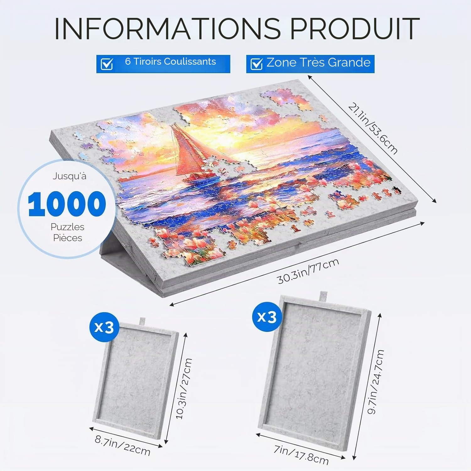 Table Puzzle 1000 Pièces avec Support et Housse 2 en 1 - Inclinable Plateau Puzzle en Feutre Super Léger avec 6 Tiroirs - Portable Puzzles Board Idéal pour Adultes et Enfants (Gris Clair)