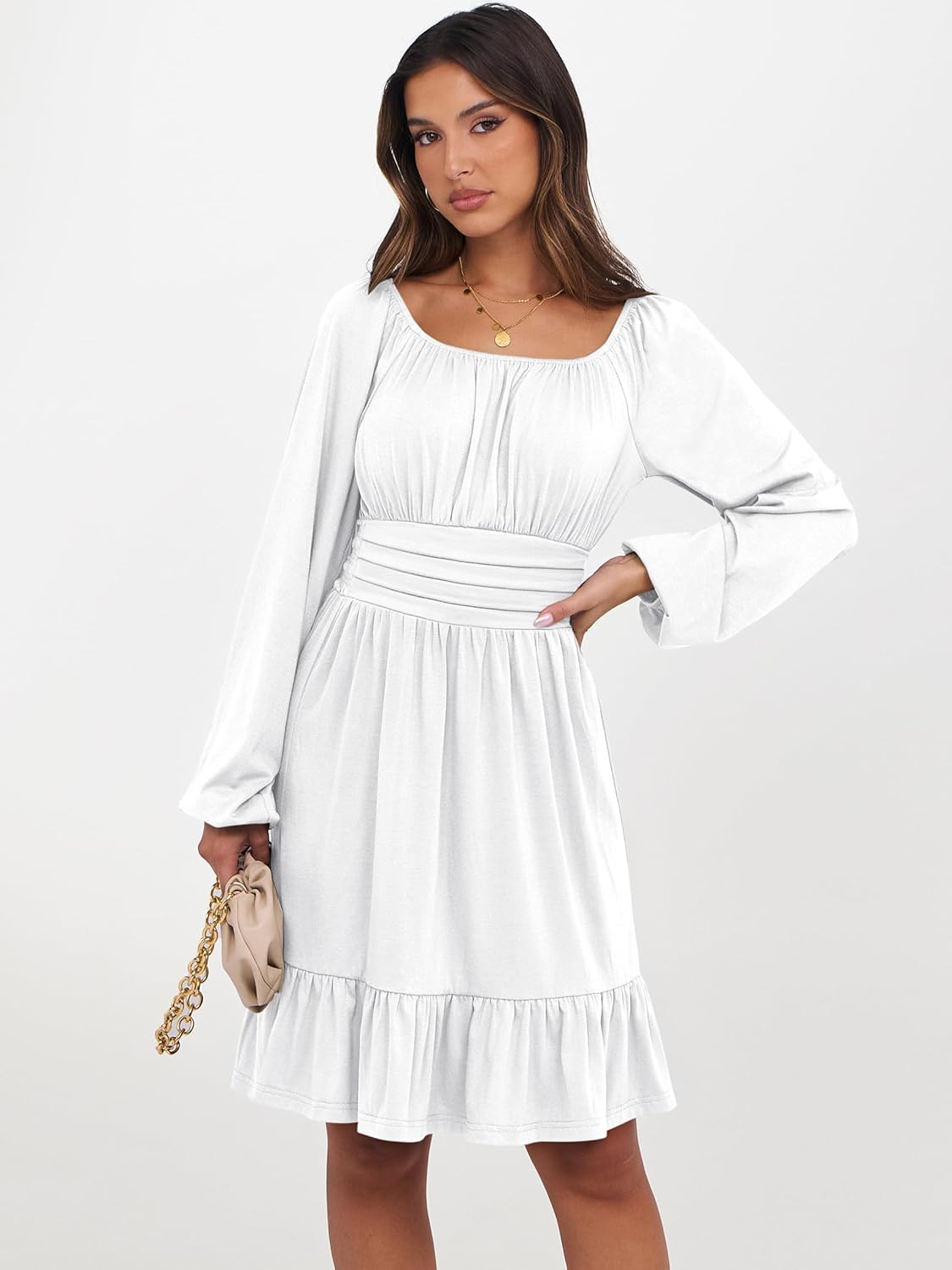ANRABESS Womens Dress Long Lantern Sleeve Square Neck Elastic Waist Ruffle Flowy Swing A-Line Short Dresses 2025 Fall Fashion