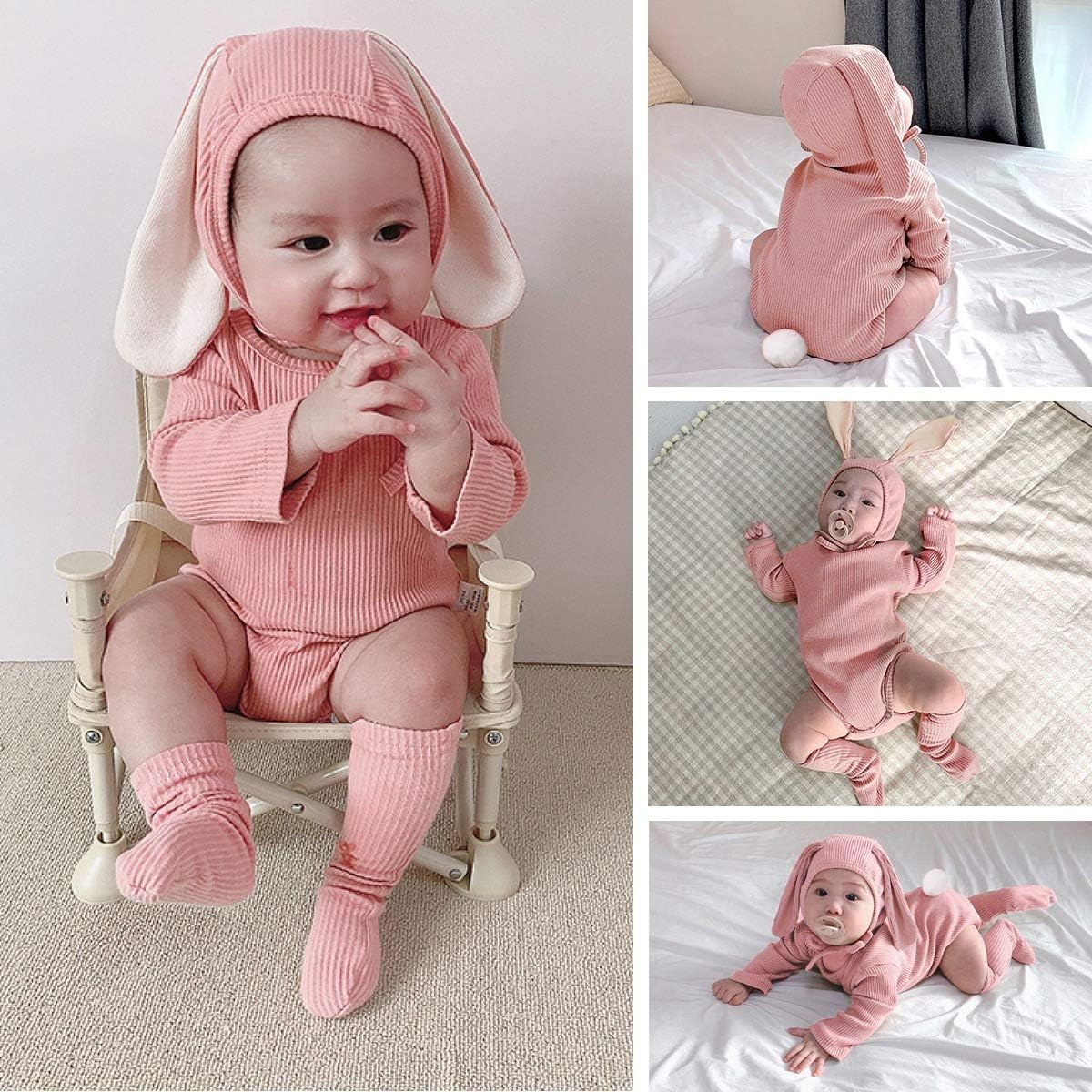 AGQT Baby Girls Easter Bunny Outfit Set Halloween Costume Rabbit Ear 3PCS Long Sleeve Animal Romper With Socks And Bunny Hat Pink Size 6-12 Months - Image 3