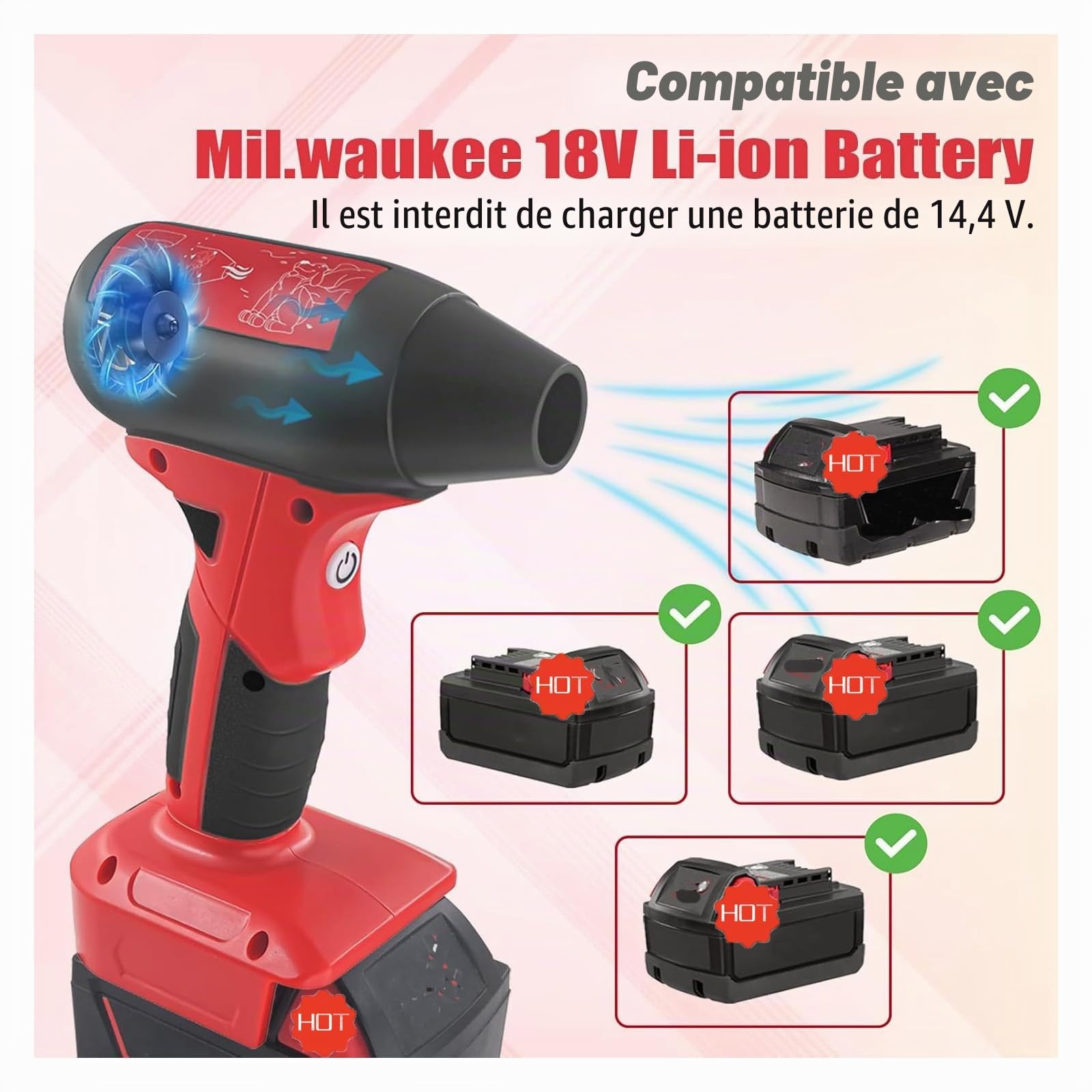 Mini souffleur à jet d'air sans fil 130 000 tr/min compatible avec batteries Milwaukee M18 18 V avec contrôle à 4 vitesses pour le nettoyage de la poussière de voiture, le nettoyage des feuilles de