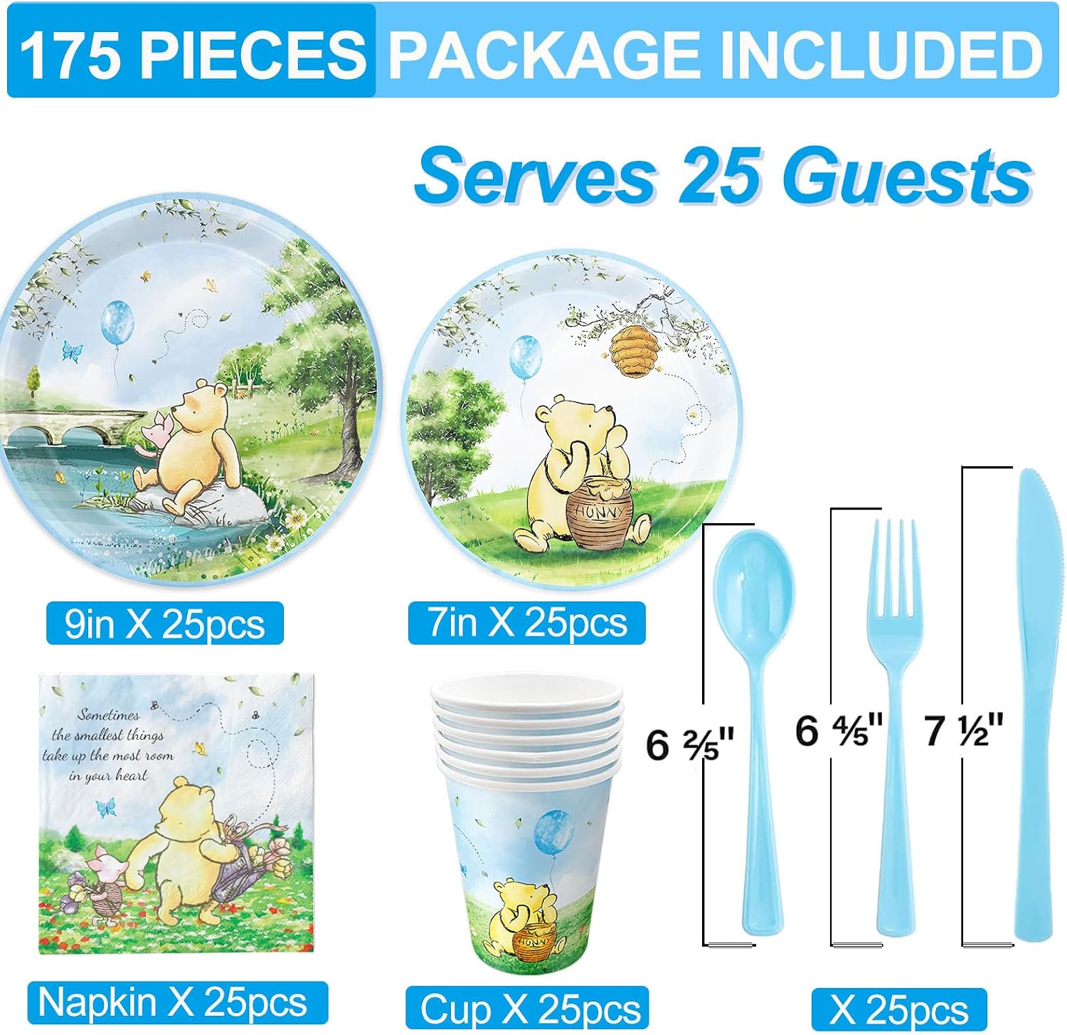 175pcs Vintage Winnie Bear Baby Shower Pooh Decorations Blue Birthday Party Supplies Tableware Set (25 Guest) With Paper Plates Cups Napkins Cutlery for Boy Newborn Birthday Party Decoration