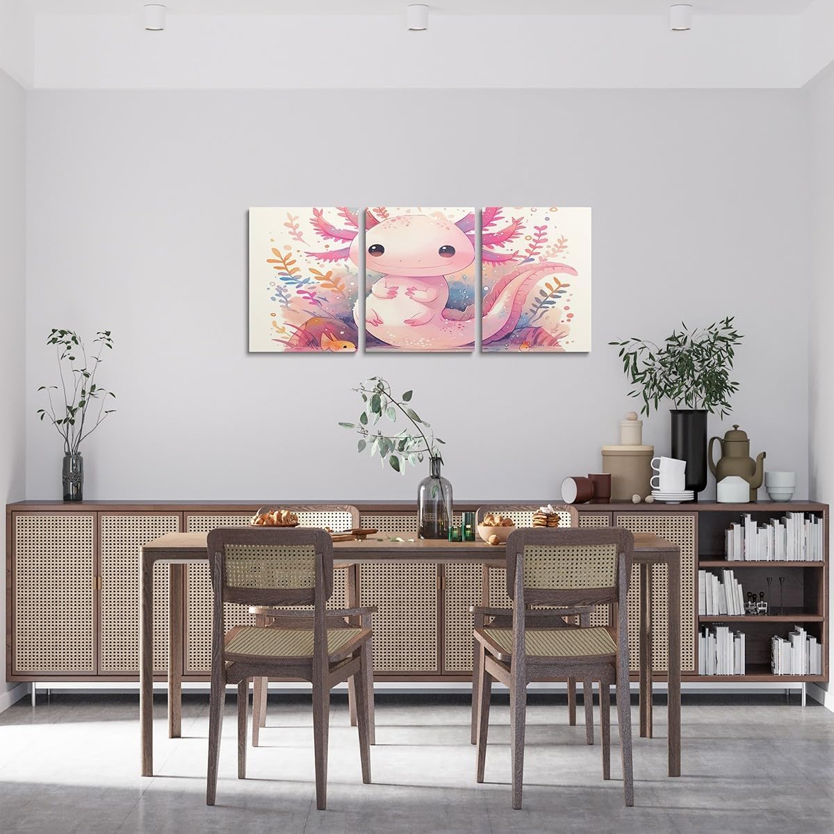 Erosebridal Boys Girls Pink Axolotl Canvas Wall Art for Living Room 12"x16" 3 Pcs,Kawaii Sealife Cartoon Picture Wall Decor Kids Kawaii Animal Poster Print,Ocean Salamander Framed Canvas Prints