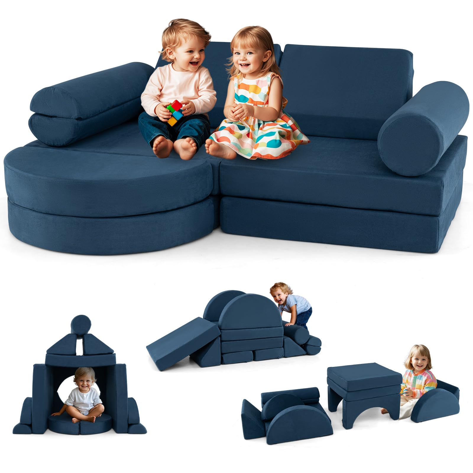 COSTWAY 14-częściowa modułowa sofa dziecięca, do zabawy z pianki, klocków, wspinaczki i raczkowania, rozkładana, do pokoju dziecięcego, pokoju zabaw (granatowa)