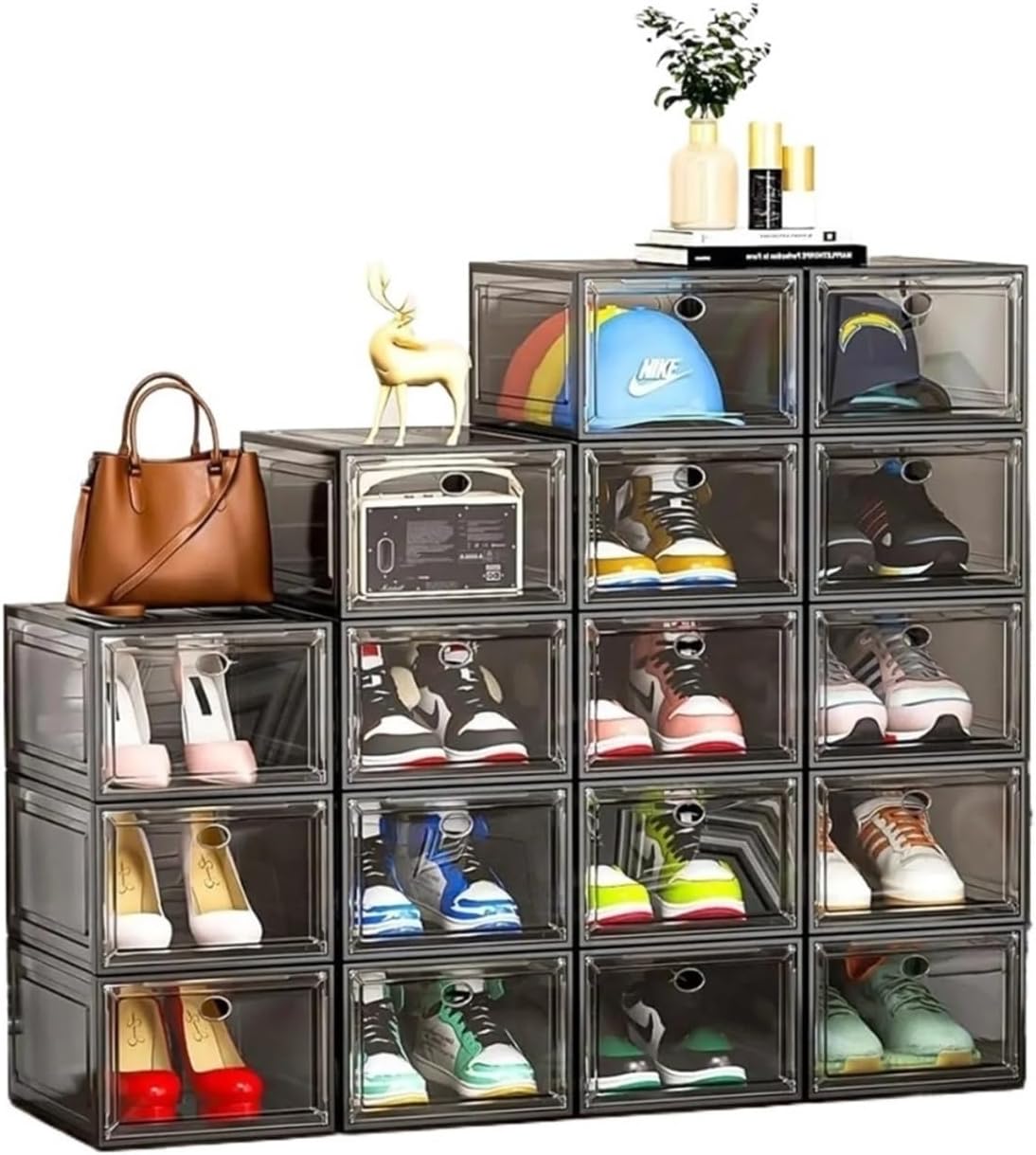 For Sneaker Display & Closet Storage, Thick & Clear Magnetic Shoe Organizer, 6-Pack – Stackable Plastic Boxes(10-GRAY)