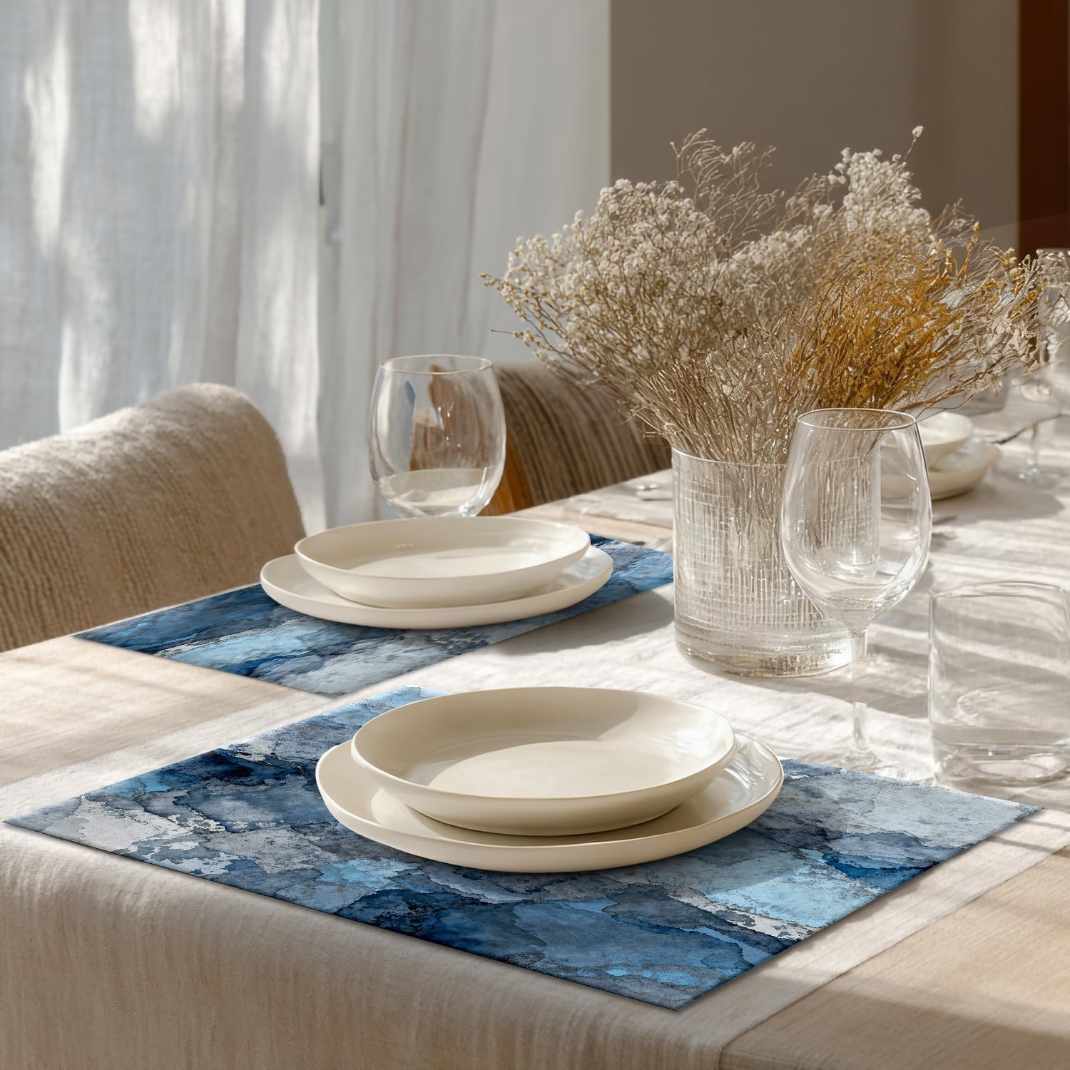 Shrahala Blue Abstract Grey Placemats, Grey Art Art Table Mat Linen Burlap Washable Double-Deck Heat Insulation for Dining Table Kitchen Table Set of 4 (12 x 18 inch)