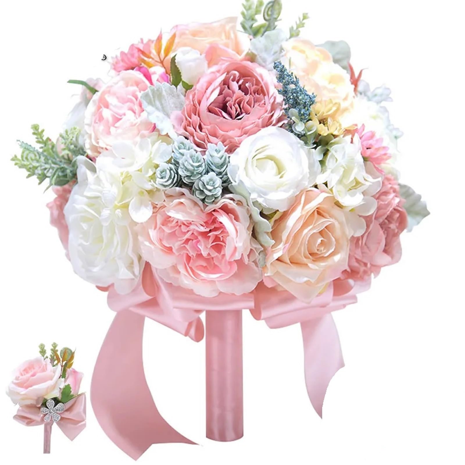 Bouquet artificiali da sposa, bouquet da sposa, Bouquet da sposa in seta con peonie rosa avorio e cipria(Pink)