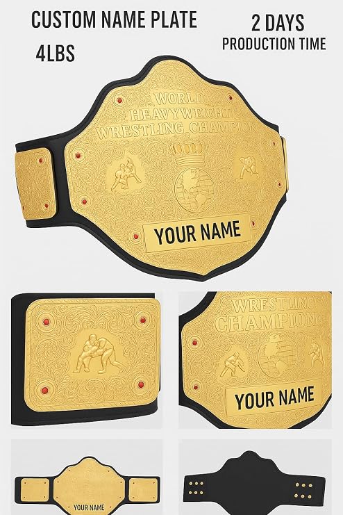 Big Gold Championship Title Belt Replica Customizable Name Plate 2mm Thick, 4lbs