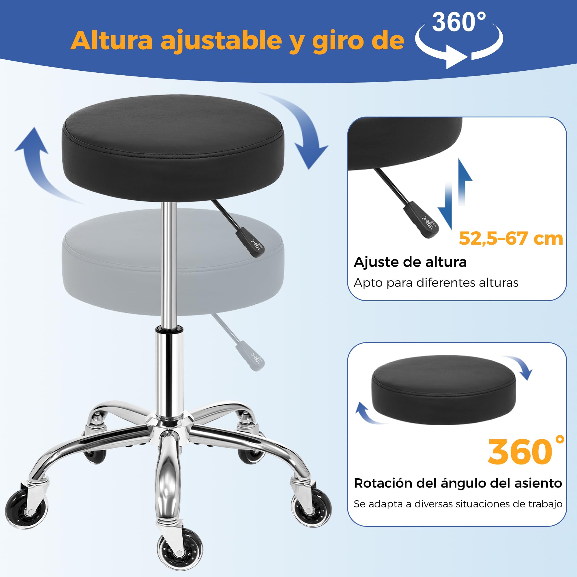 ANWBROAD Taburete con Ruedas, Taburete Giratoria de 360°, Regulable en Altura, Asiento Acolchado,Carga 205 kg, para salón de Belleza, Spas, clínica Negro WSC001B