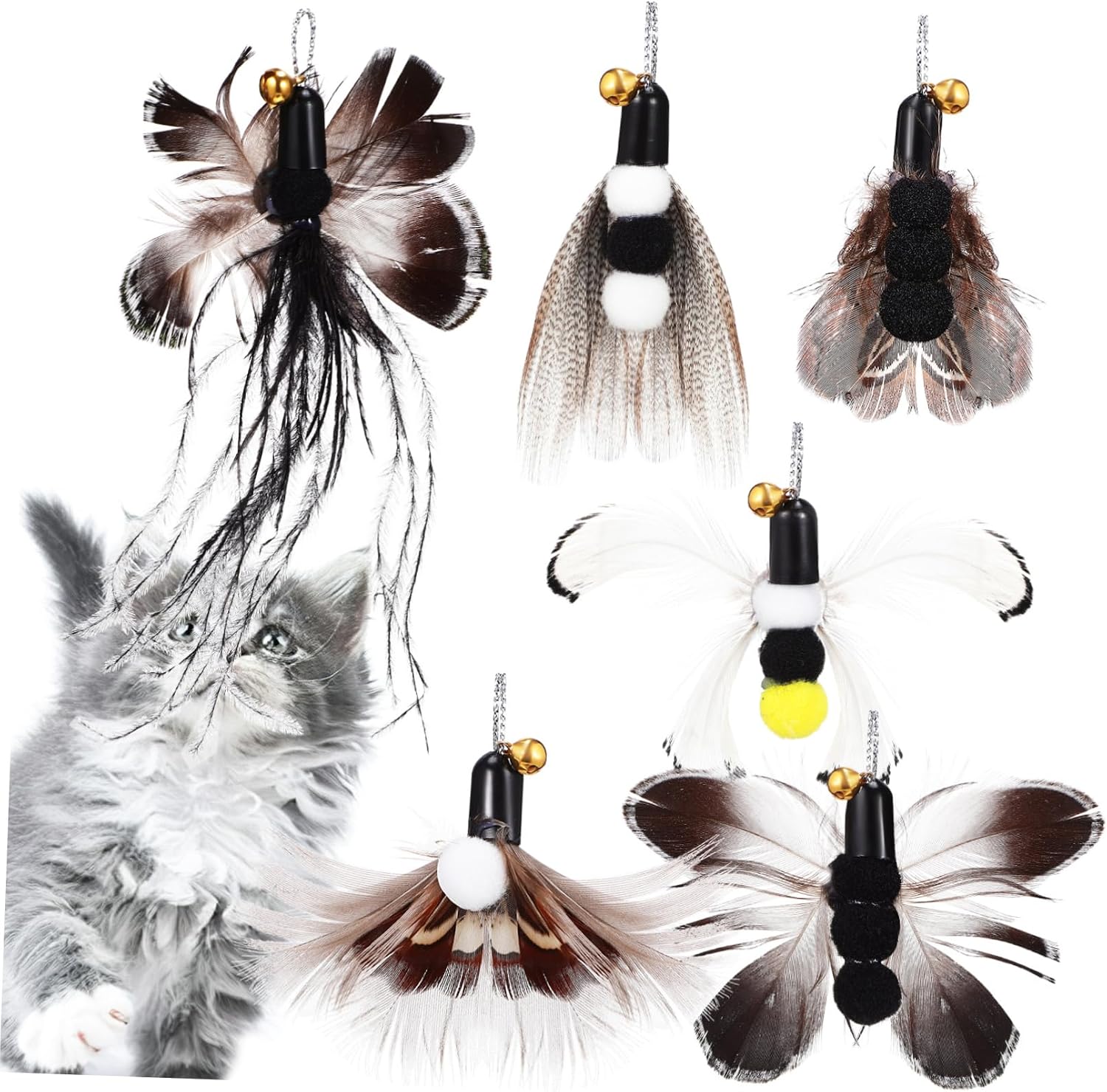 6 Pcs Cat Replacement Heads Realistic with Bell for Indoor Play Safe Materials and Multiple Styles for Interactive Teasing Attachments