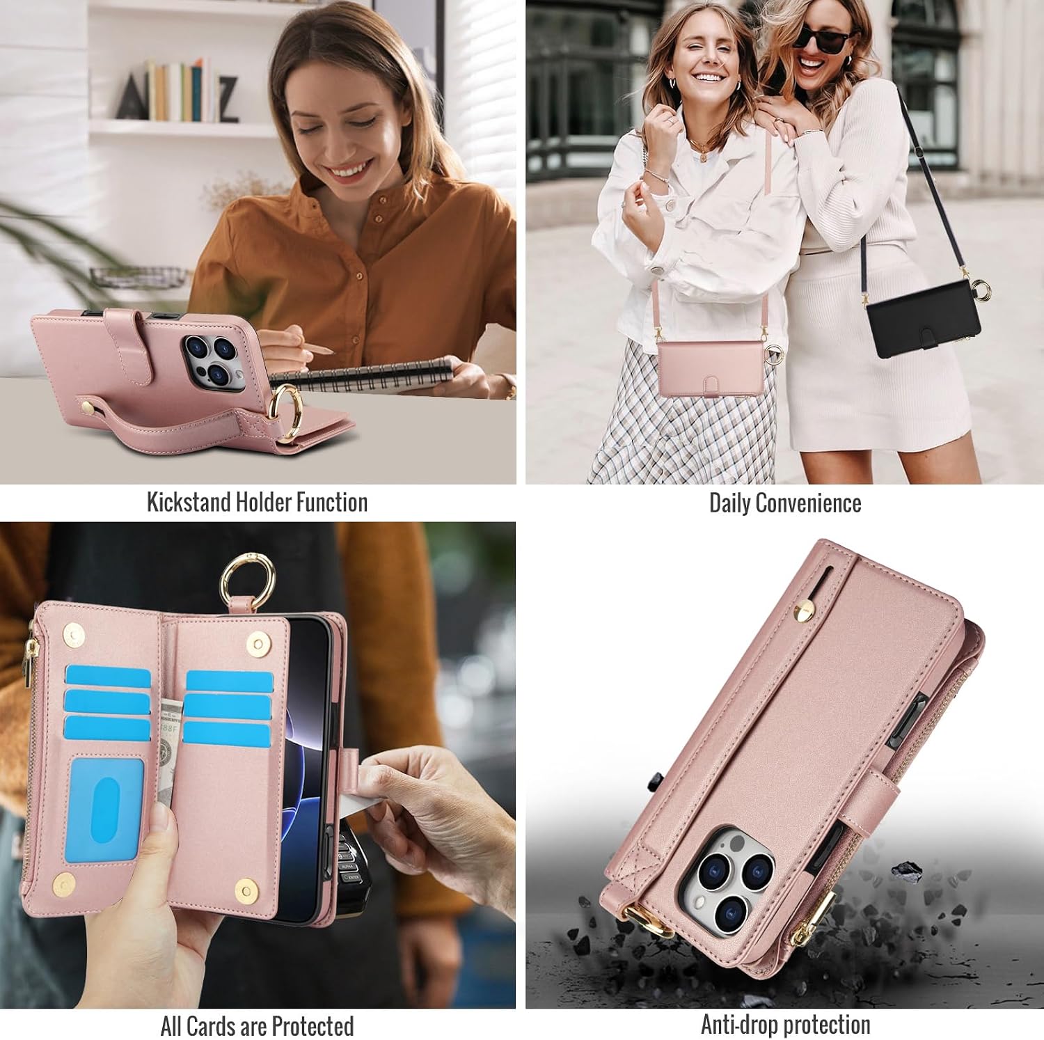Asuwish Phone Case for iPhone 16 Pro Zipper Wallet with Screen Protector Crossbody Strap Card Holder RFID Blocking Stand Cell Cover iPhone16Pro 5G i i-Phone i16 iPhone16 16Pro Women Girls Pink