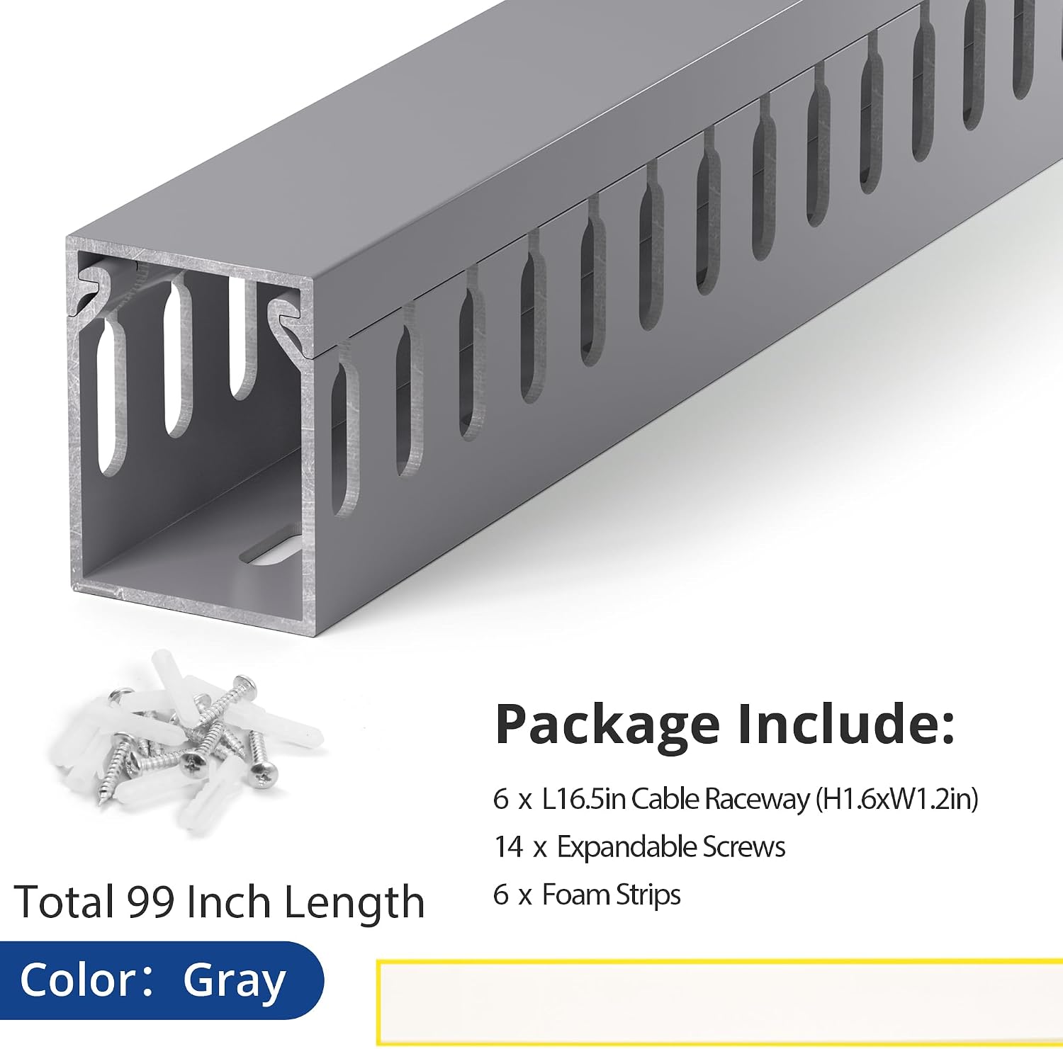 1.6"H x 1.2"W Cable Raceway, 99in Under Desk Wire Management Channel, Grey