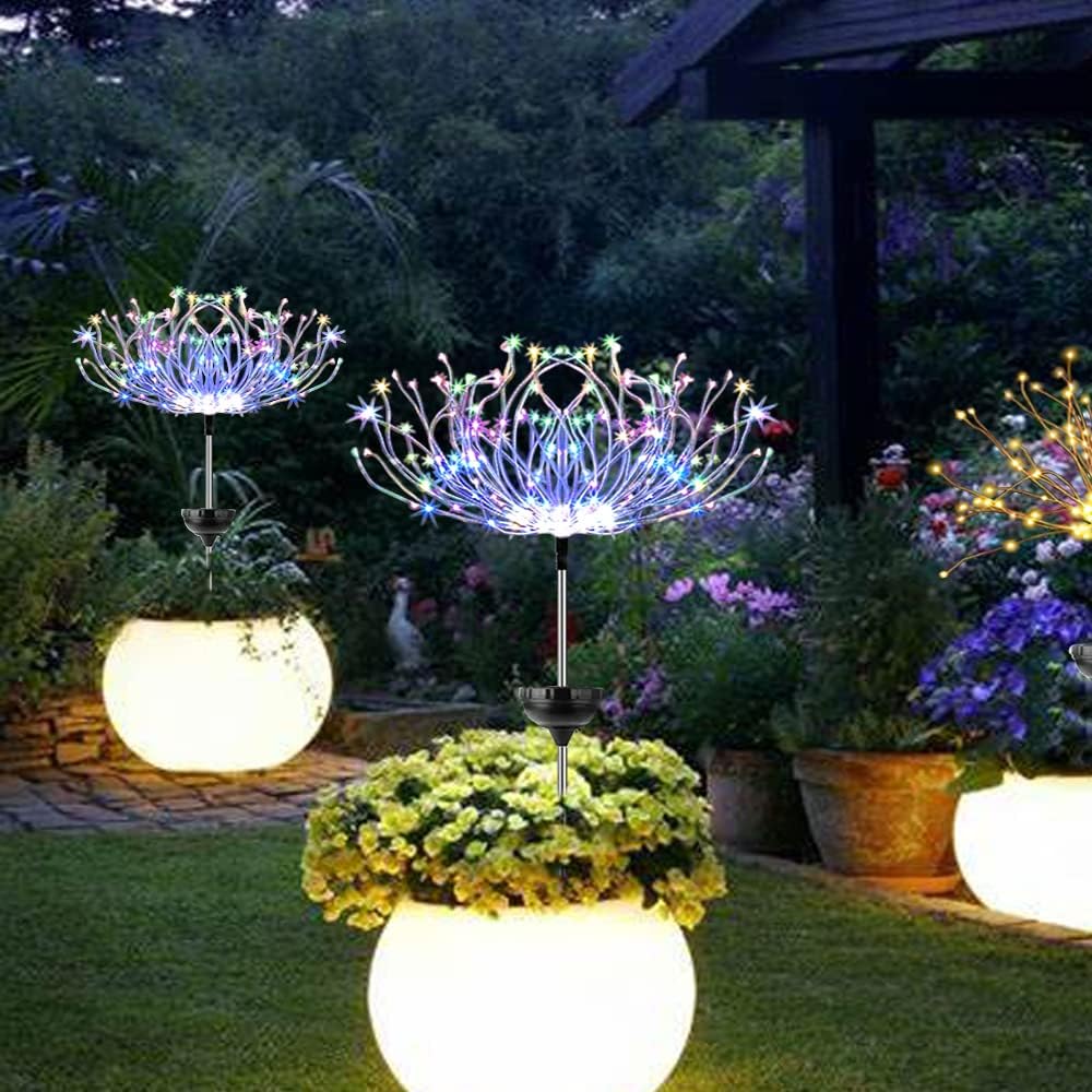 Honche Solar Outdoor Lights Fireworks Fairy Firefly String Lights Starburst Lamp Flowers Trees Patio Pathway Party Solar Garden Lights Outdoor Waterproof Christmas Decorations 2 Packs(Y-Multi Color)