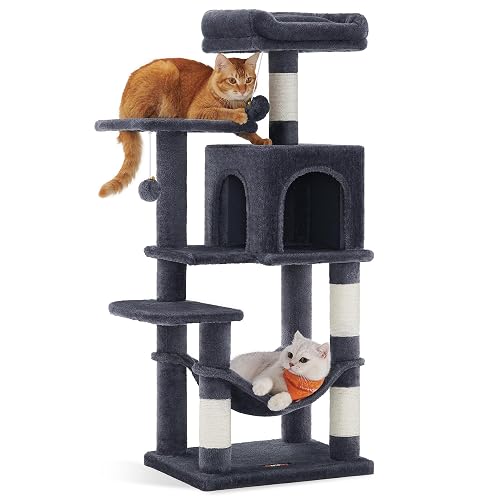 Feandrea Árbol para Gatos, Altura 112 cm, Torre de Gatos, con 4 Postes Rascadores, 2 Plataformas, 1 Cueva